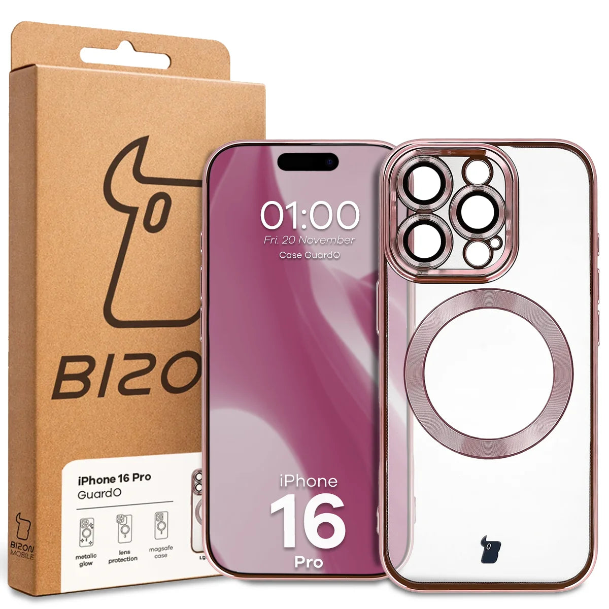 Handyhülle mit Kameraschutz und Magnetring für iPhone 16 Pro, Bizon Case GuardO, Transparent-Rosa