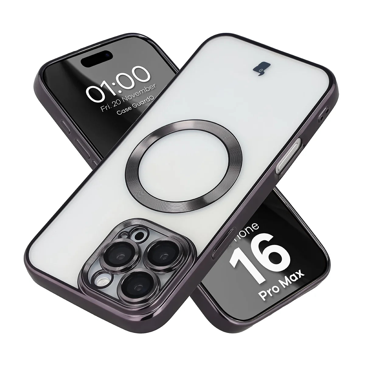 Handyhülle mit Kameraschutz und Magnetring für iPhone 16 Pro Max, Bizon Case GuardO, Transparent-Schwarz
