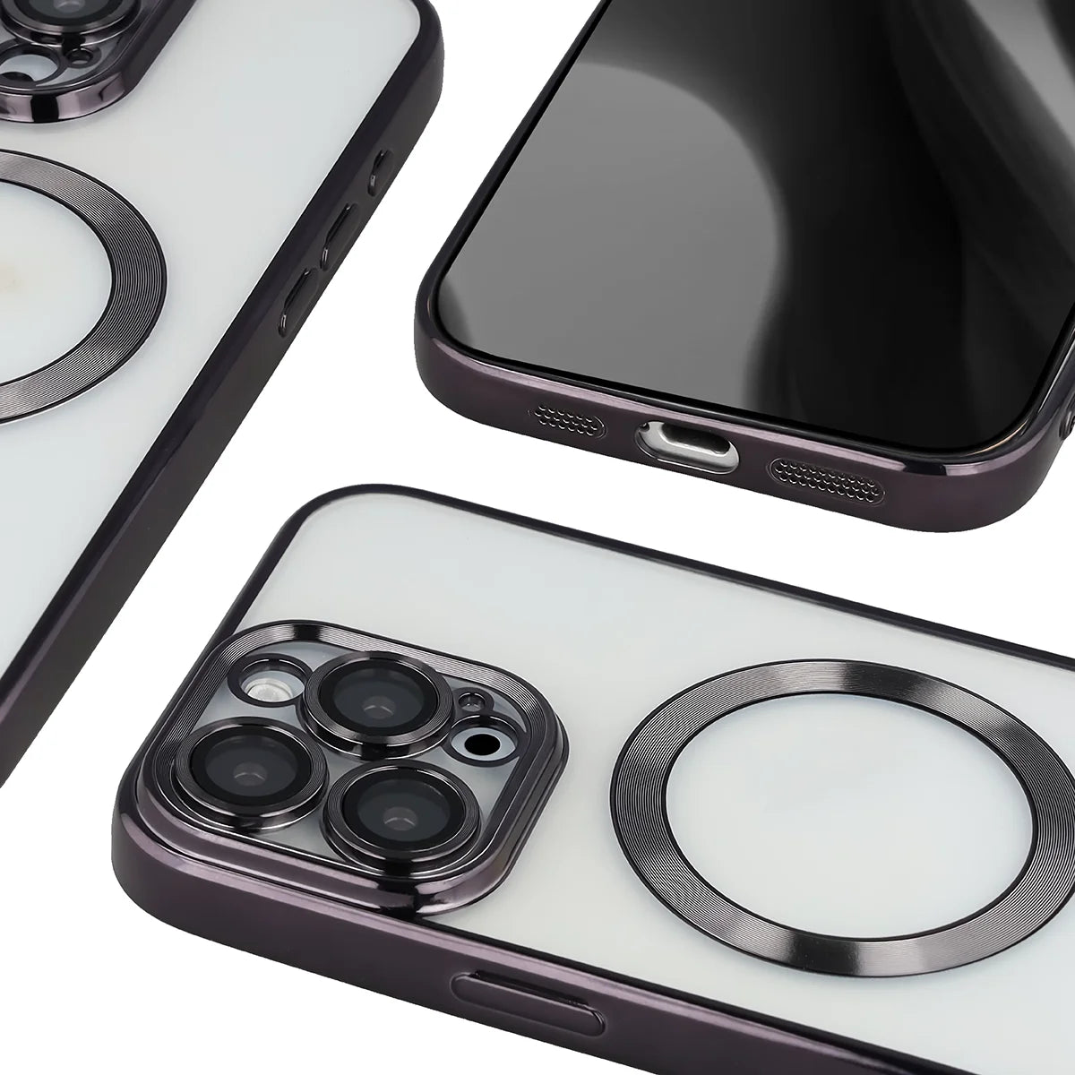 Handyhülle mit Kameraschutz und Magnetring für iPhone 16 Pro Max, Bizon Case GuardO, Transparent-Schwarz