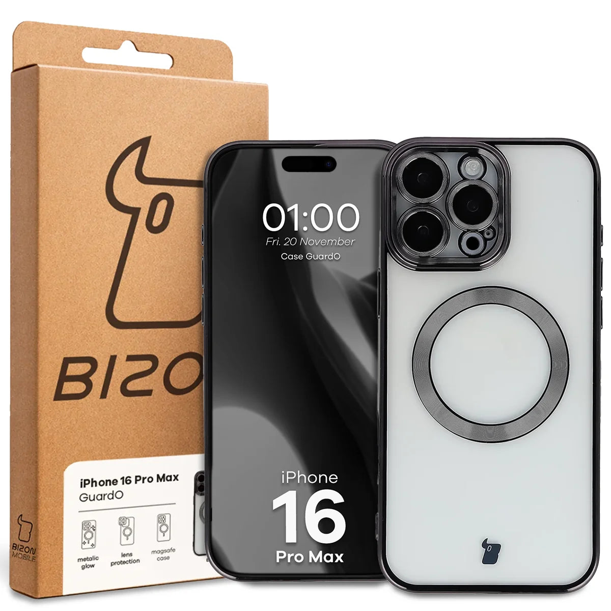 Handyhülle mit Kameraschutz und Magnetring für iPhone 16 Pro Max, Bizon Case GuardO, Transparent-Schwarz