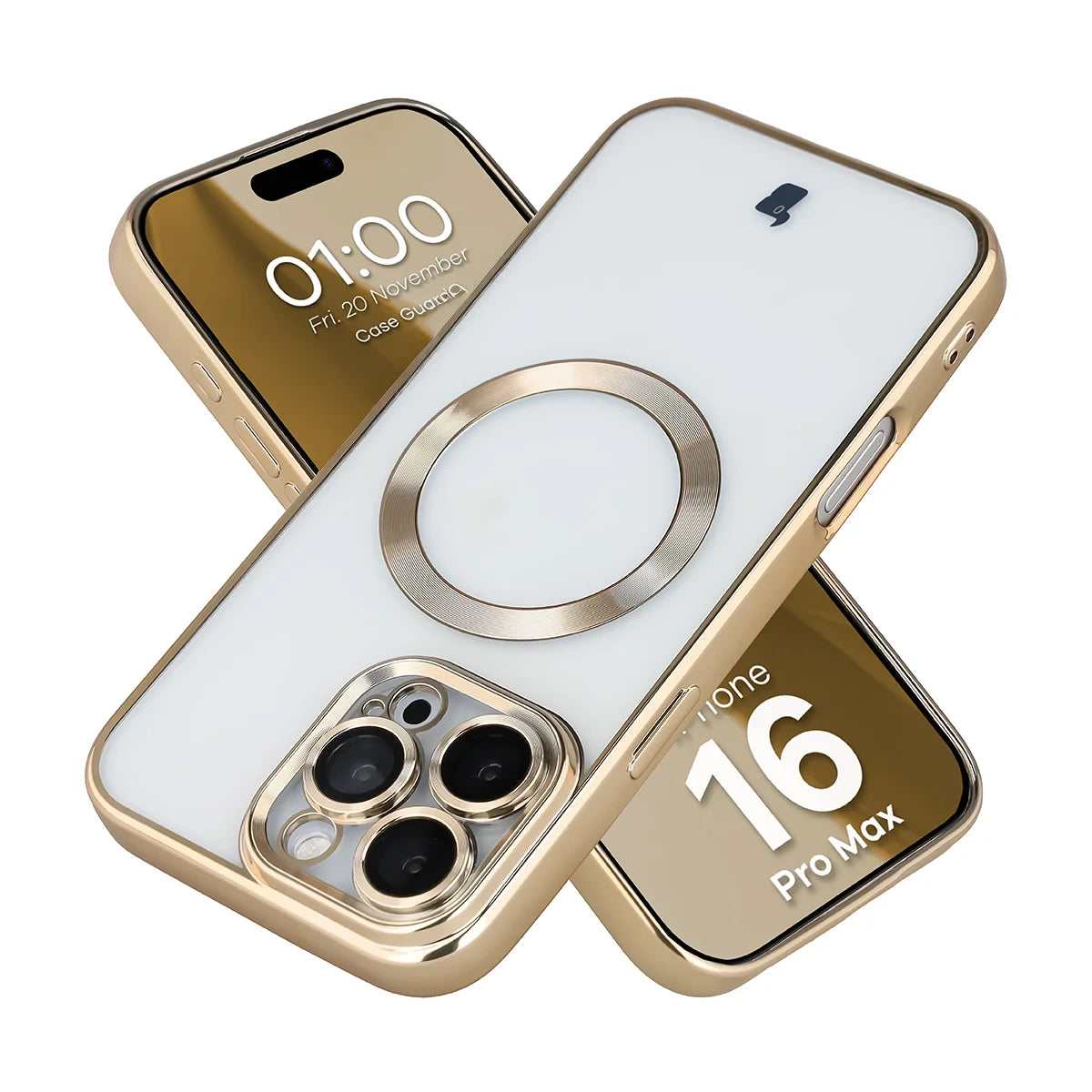 Handyhülle mit Kameraschutz und Magnetring für iPhone 16 Pro Max, Bizon Case GuardO, Transparent-Golden