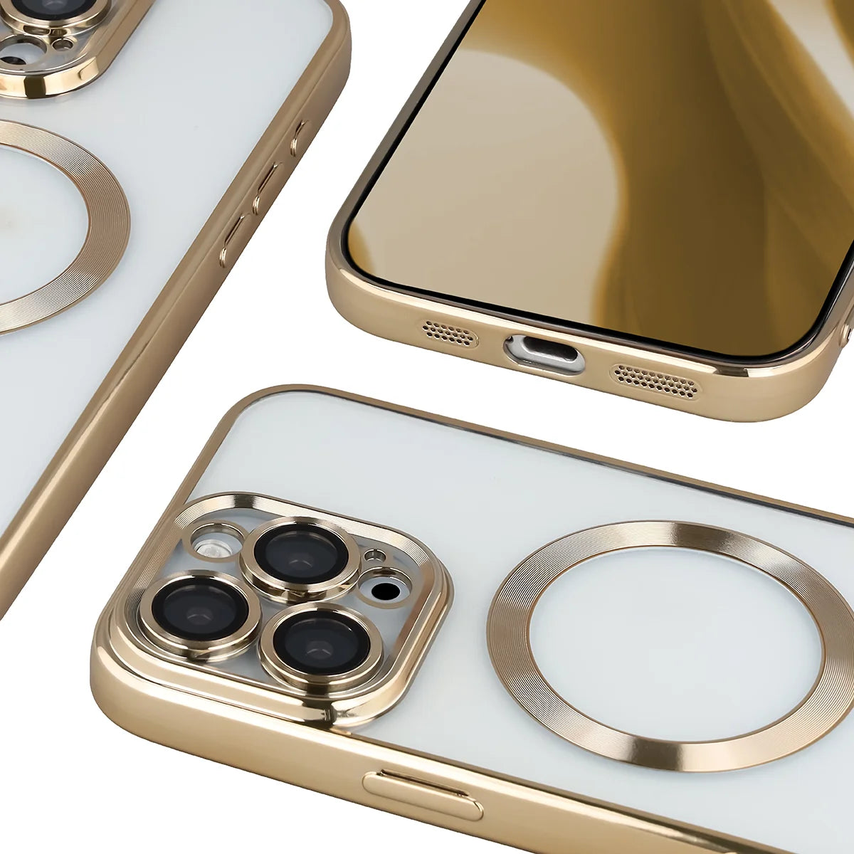 Handyhülle mit Kameraschutz und Magnetring für iPhone 16 Pro Max, Bizon Case GuardO, Transparent-Golden