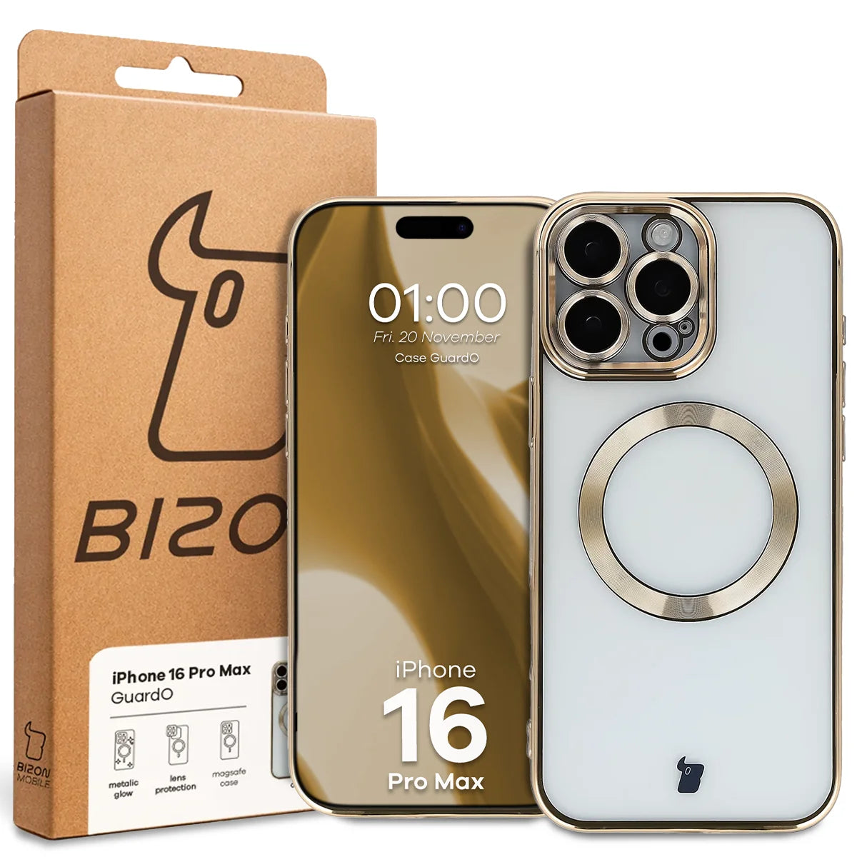 Handyhülle mit Kameraschutz und Magnetring für iPhone 16 Pro Max, Bizon Case GuardO, Transparent-Golden