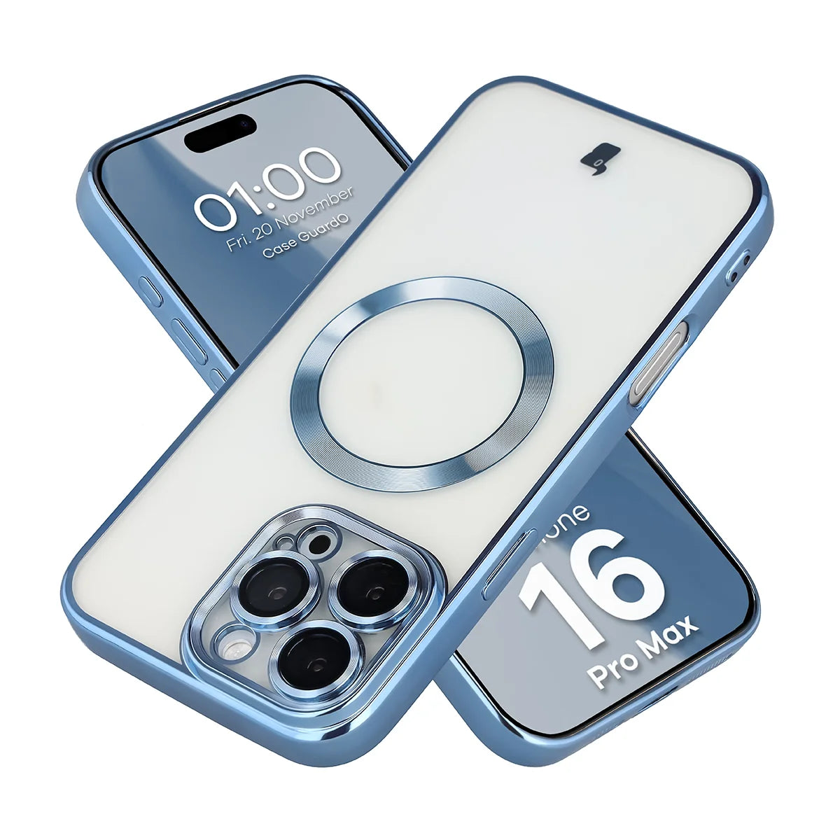 Handyhülle mit Kameraschutz und Magnetring für iPhone 16 Pro Max, Bizon Case GuardO, Transparent-Blau