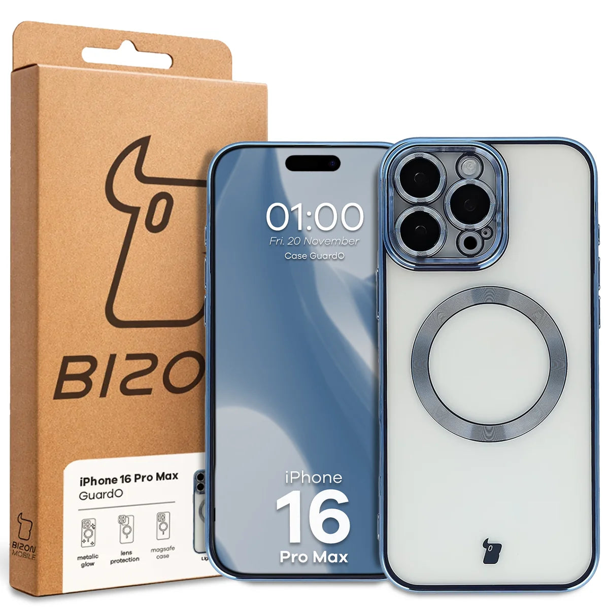 Handyhülle mit Kameraschutz und Magnetring für iPhone 16 Pro Max, Bizon Case GuardO, Transparent-Blau