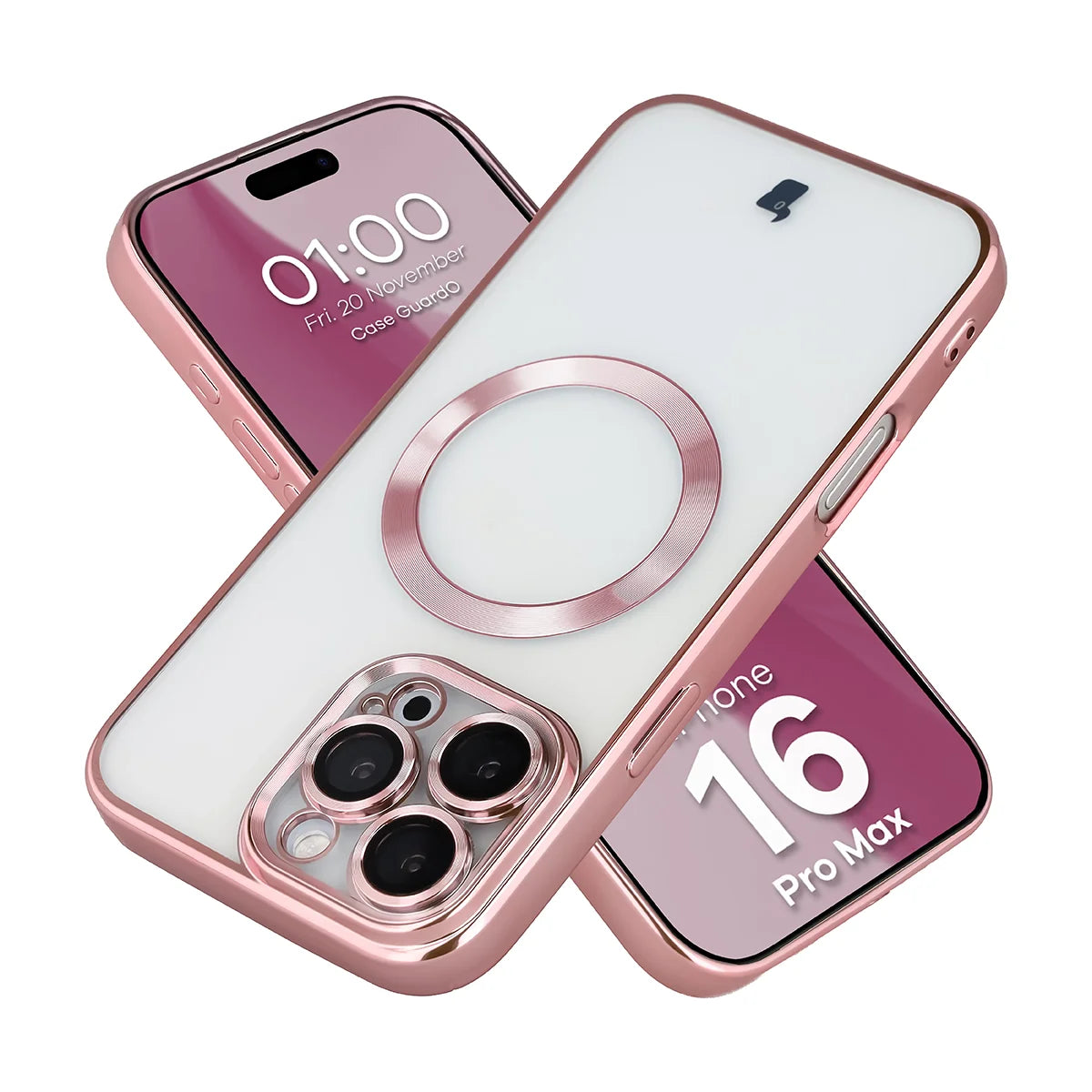 Handyhülle mit Kameraschutz und Magnetring für iPhone 16 Pro Max, Bizon Case GuardO, Transparent-Rosa
