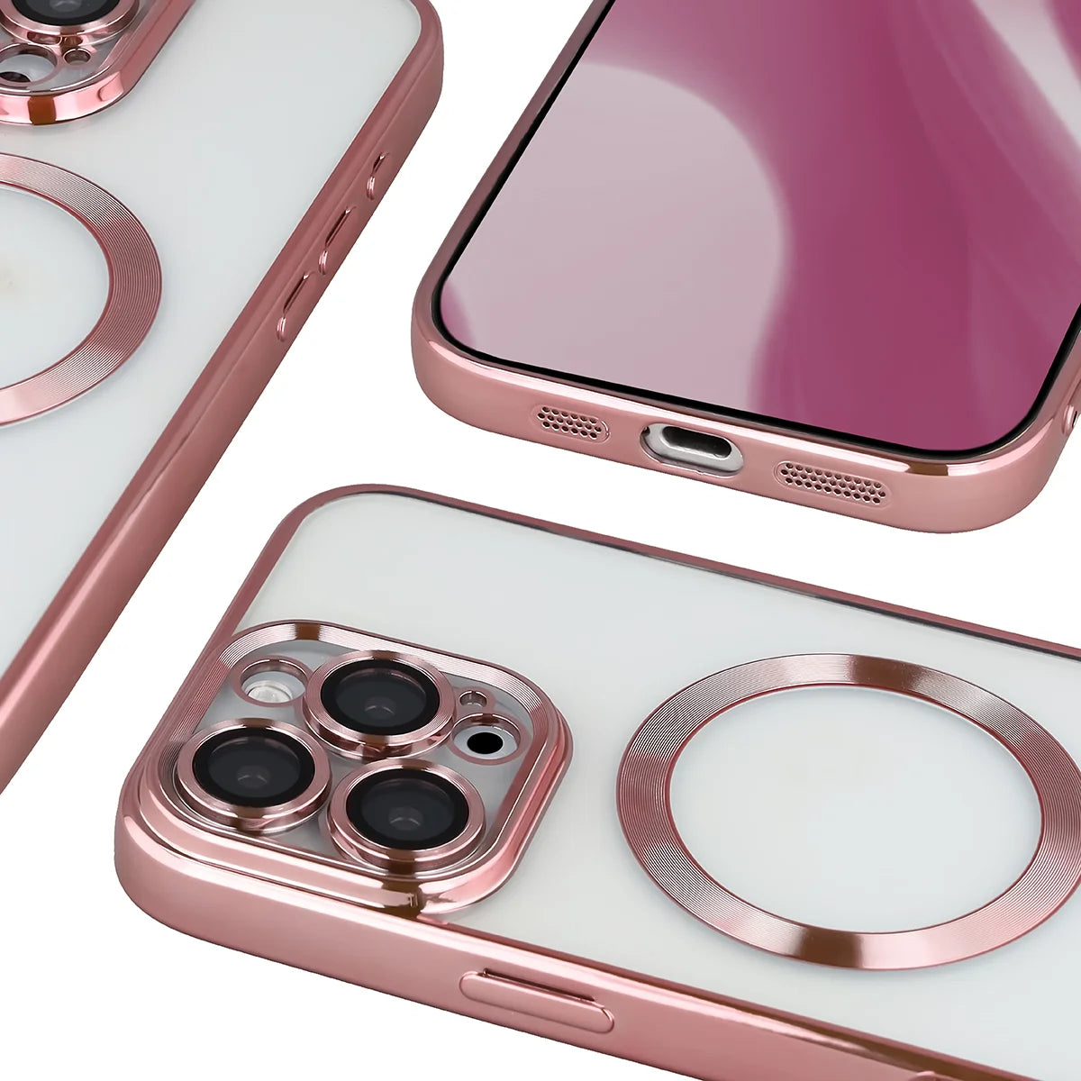Handyhülle mit Kameraschutz und Magnetring für iPhone 16 Pro Max, Bizon Case GuardO, Transparent-Rosa
