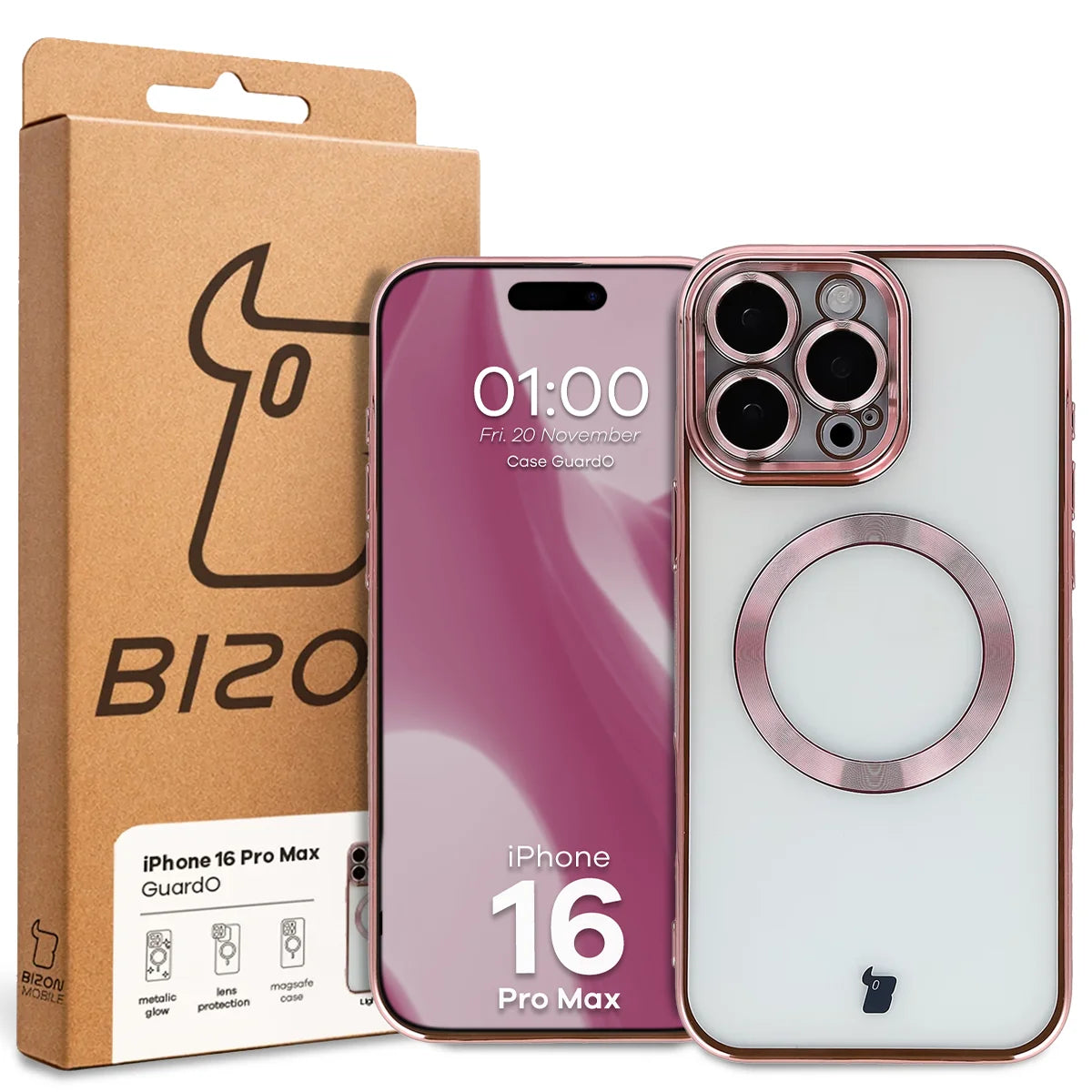 Handyhülle mit Kameraschutz und Magnetring für iPhone 16 Pro Max, Bizon Case GuardO, Transparent-Rosa