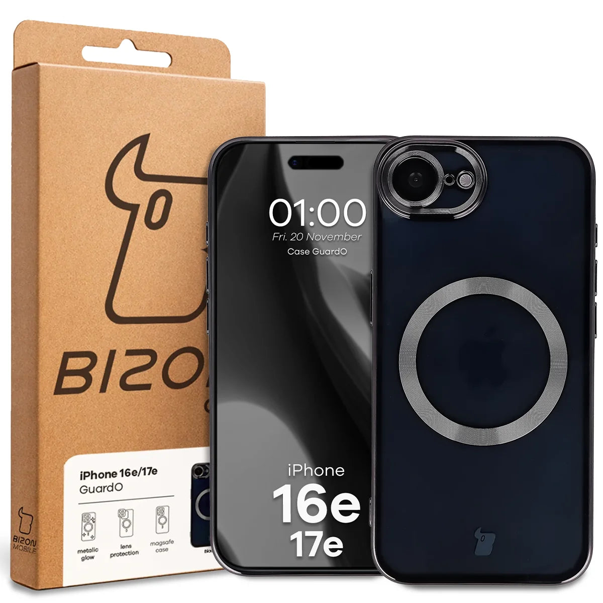Handyhülle mit Kameraschutz und Magnetring für iPhone 17e / 16e, Bizon Case GuardO, Transparent-Schwarz