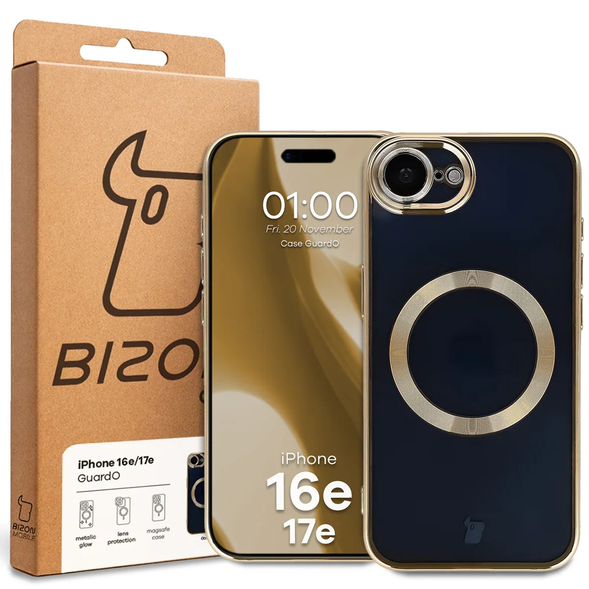 Handyhülle mit Kameraschutz und Magnetring für iPhone 17e / 16e, Bizon Case GuardO, Transparent-Golden