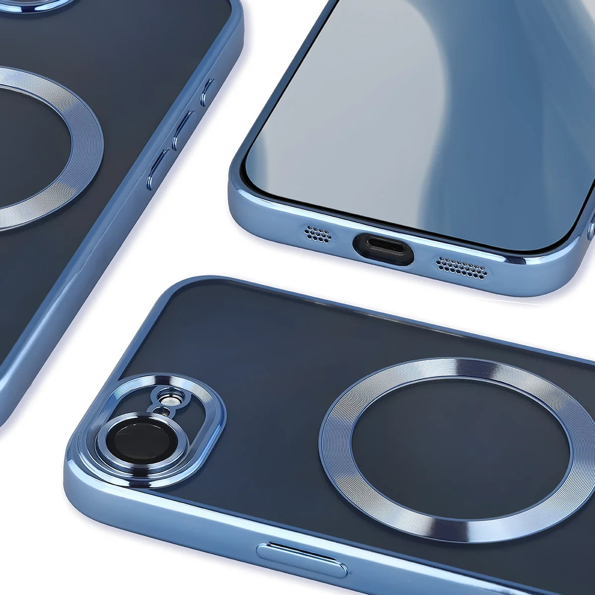 Handyhülle mit Kameraschutz und Magnetring für iPhone 17e / 16e, Bizon Case GuardO, Transparent-Blau