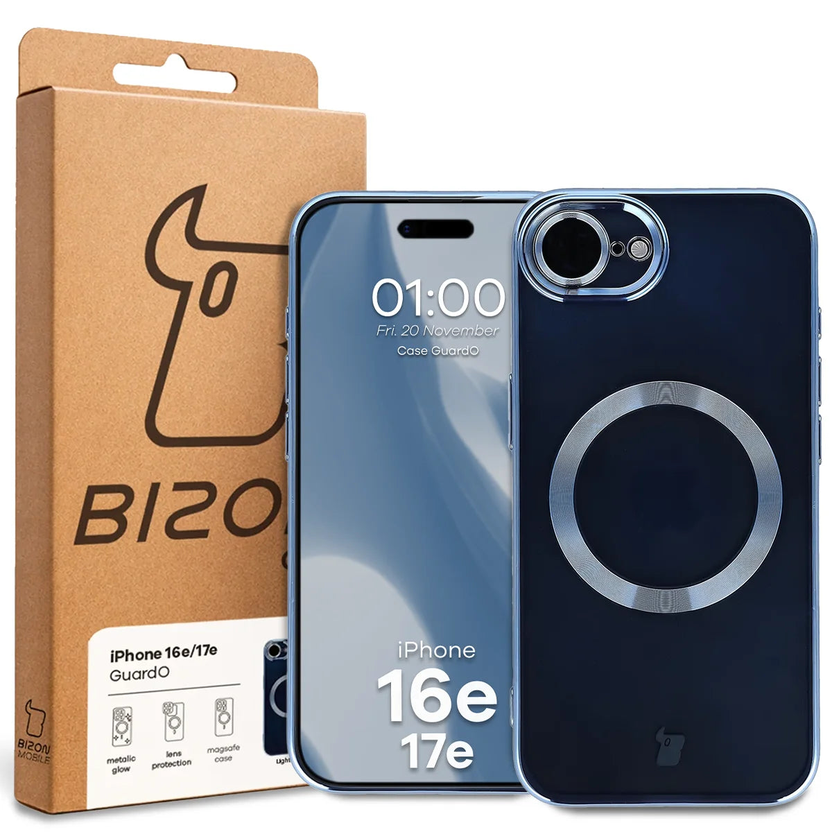 Handyhülle mit Kameraschutz und Magnetring für iPhone 17e / 16e, Bizon Case GuardO, Transparent-Blau