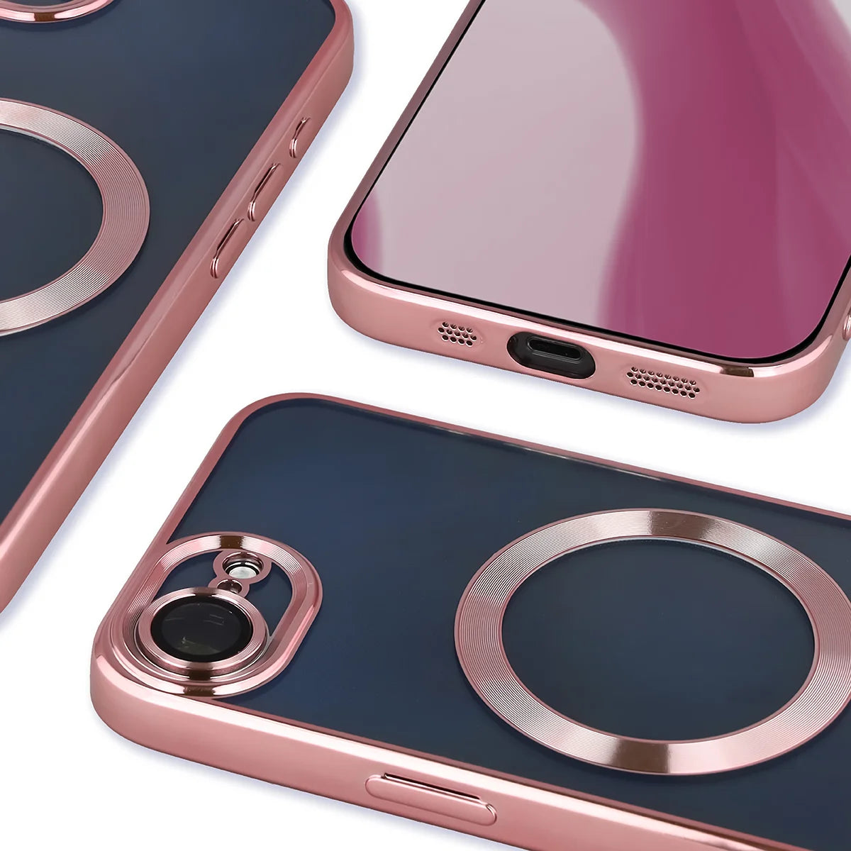 Handyhülle mit Kameraschutz und Magnetring für iPhone 17e / 16e, Bizon Case GuardO, Transparent-Rosa