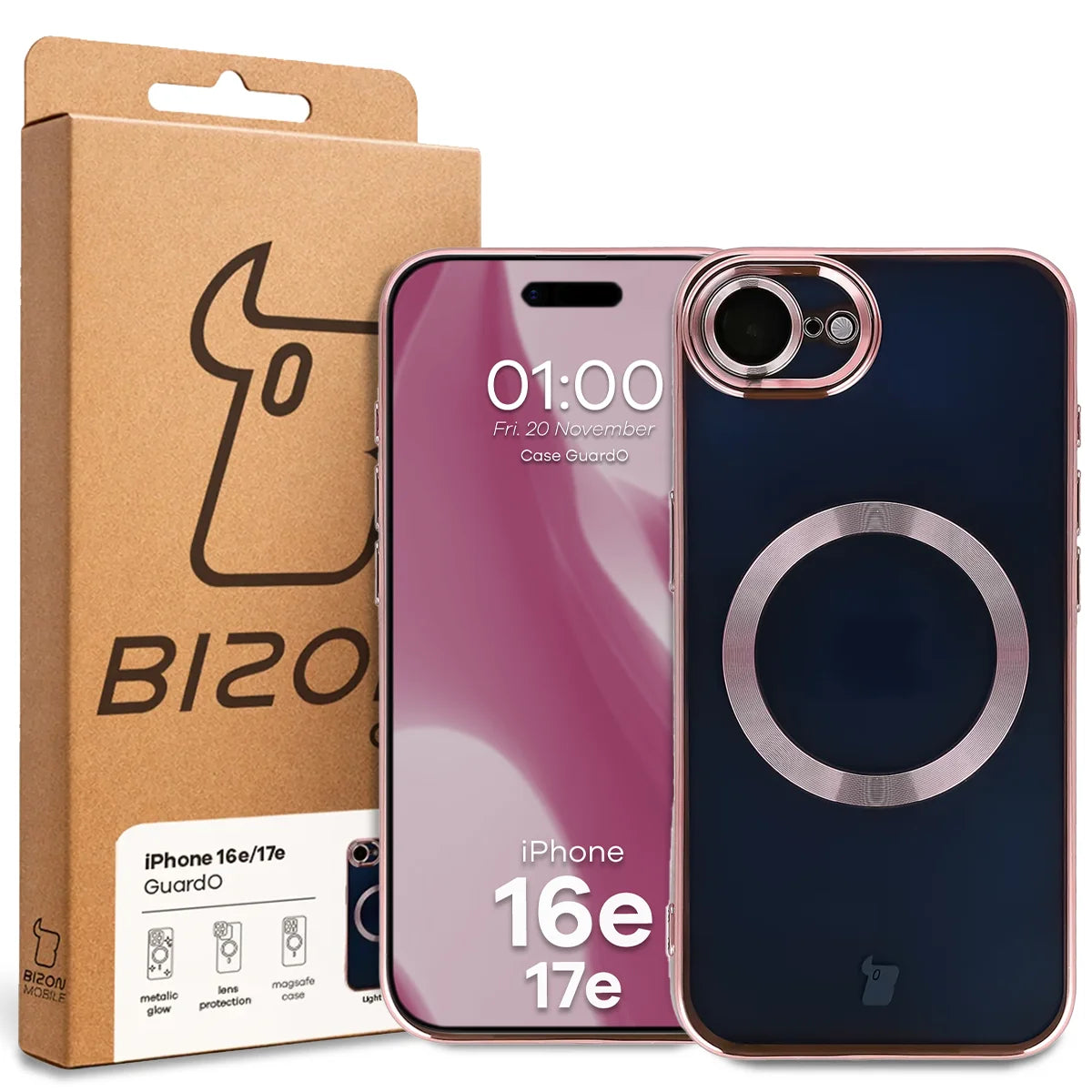 Handyhülle mit Kameraschutz und Magnetring für iPhone 17e / 16e, Bizon Case GuardO, Transparent-Rosa