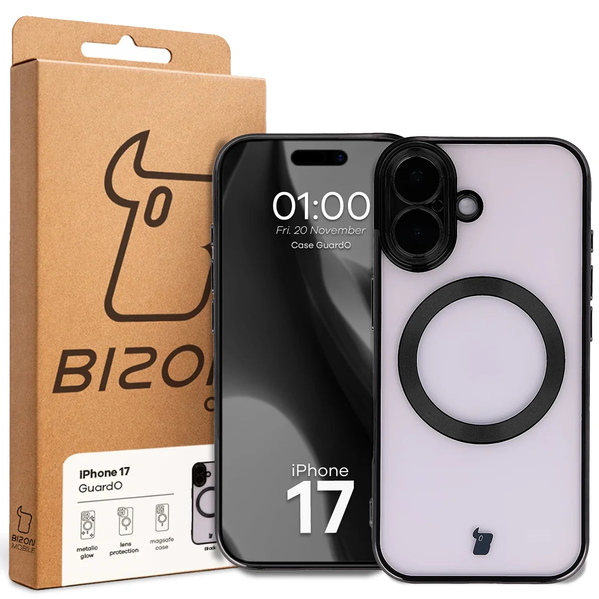 Handyhülle mit Kameraschutz und Magnetring für iPhone 17, Bizon Case GuardO, Transparent-Schwarz