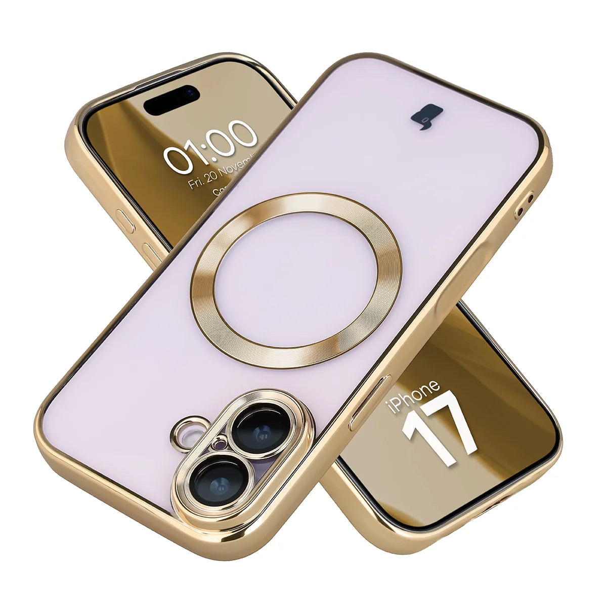 Handyhülle mit Kameraschutz und Magnetring für iPhone 17, Bizon Case GuardO, Transparent-Golden