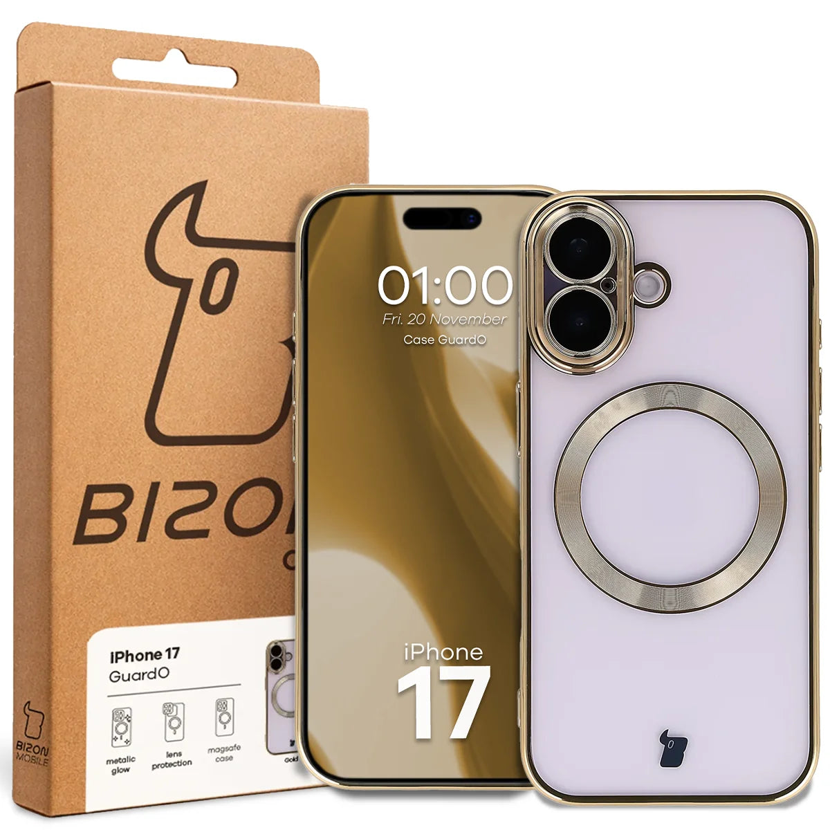 Handyhülle mit Kameraschutz und Magnetring für iPhone 17, Bizon Case GuardO, Transparent-Golden