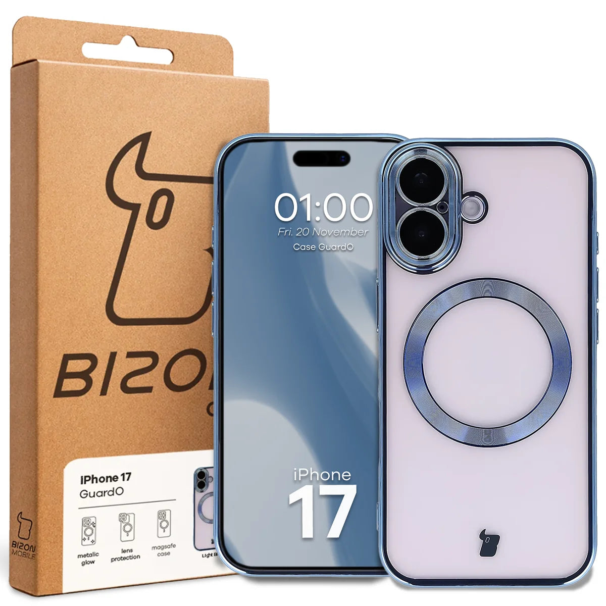 Handyhülle mit Kameraschutz und Magnetring für iPhone 17, Bizon Case GuardO, Transparent-Blau