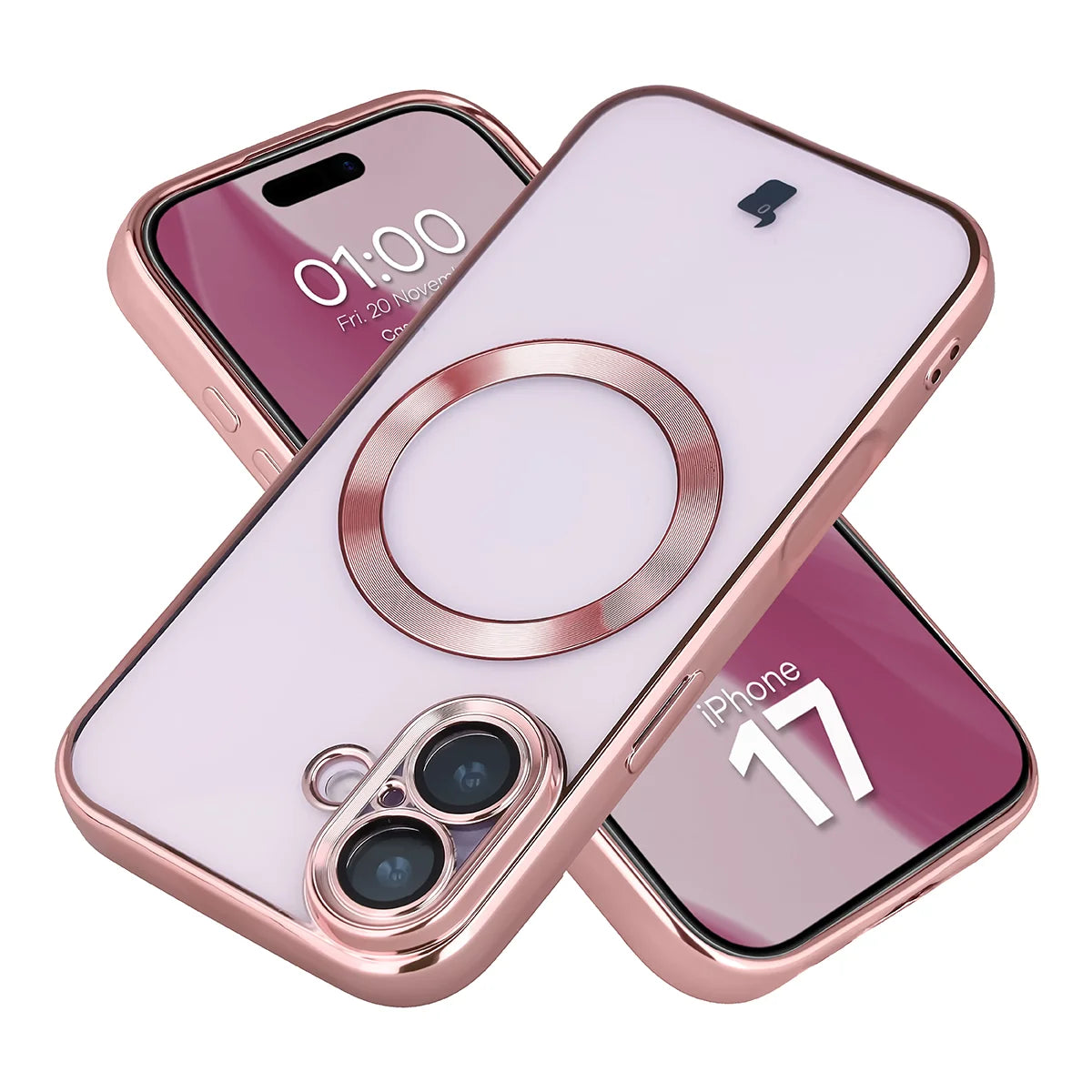 Handyhülle mit Kameraschutz und Magnetring für iPhone 17, Bizon Case GuardO, Transparent-Rosa