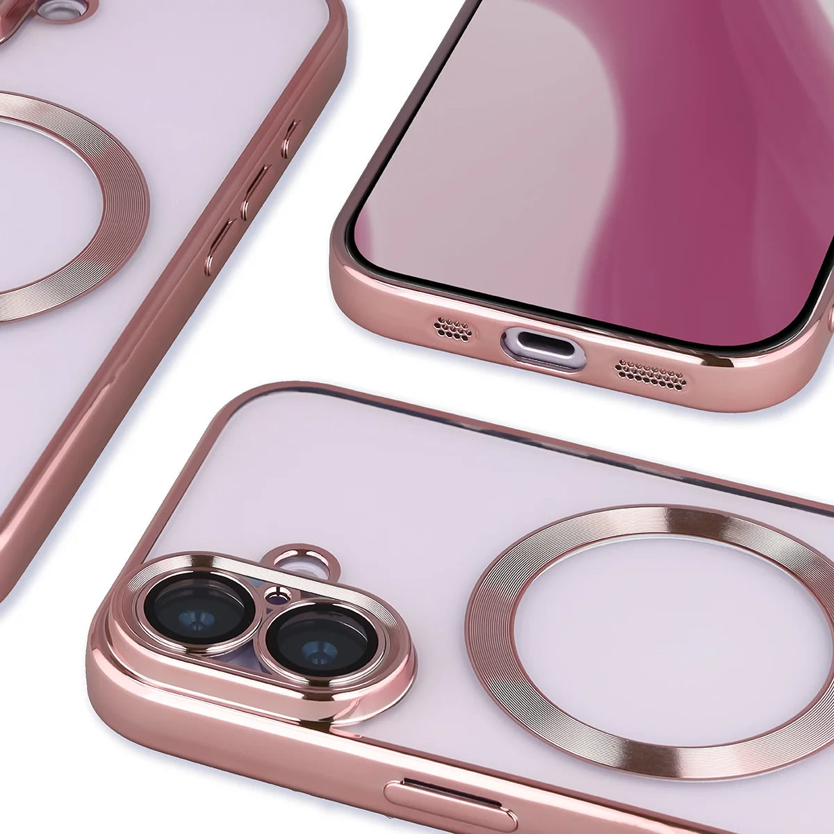 Handyhülle mit Kameraschutz und Magnetring für iPhone 17, Bizon Case GuardO, Transparent-Rosa