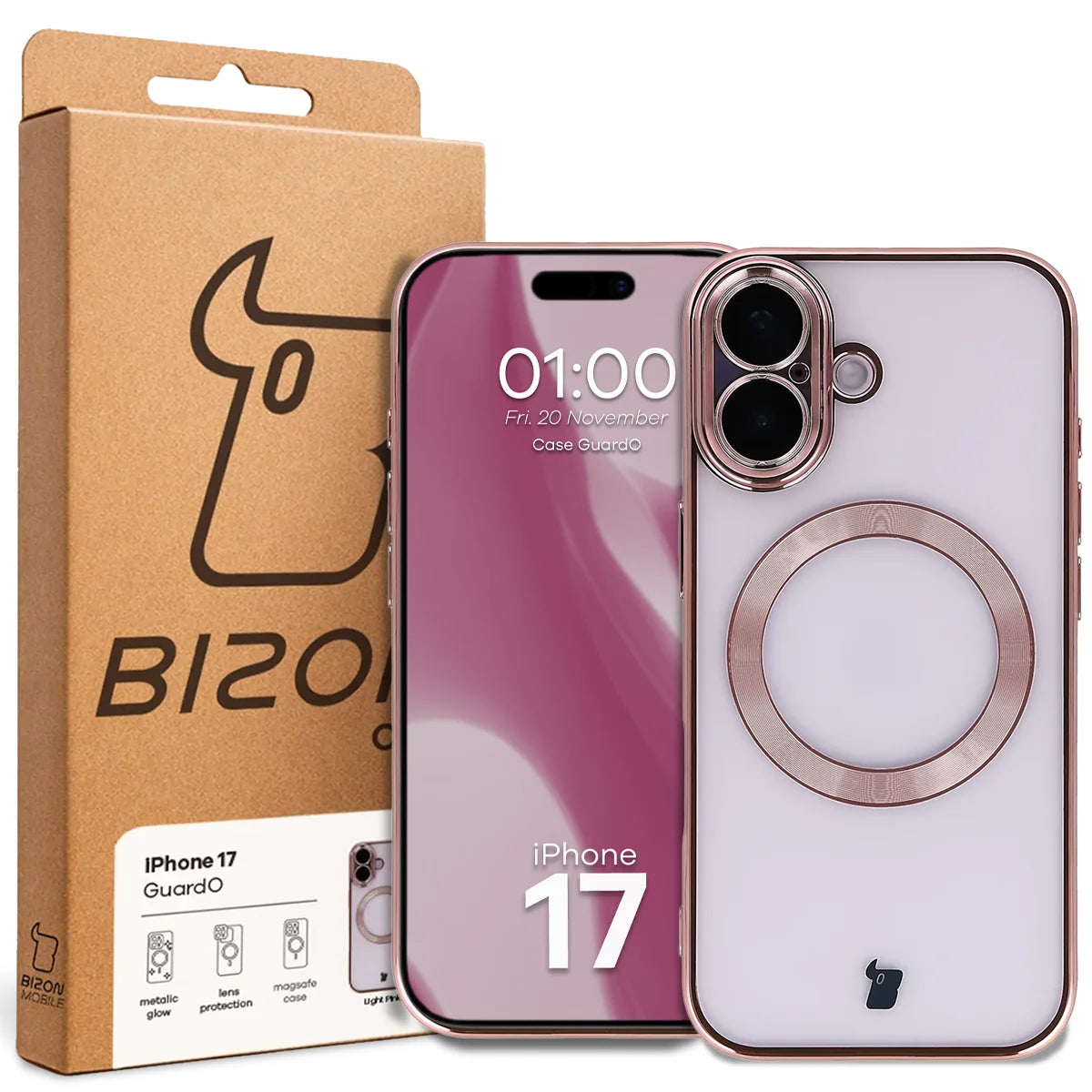 Handyhülle mit Kameraschutz und Magnetring für iPhone 17, Bizon Case GuardO, Transparent-Rosa