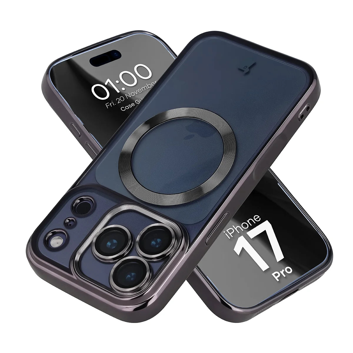 Handyhülle mit Kameraschutz und Magnetring für iPhone 17 Pro, Bizon Case GuardO, Transparent-Schwarz
