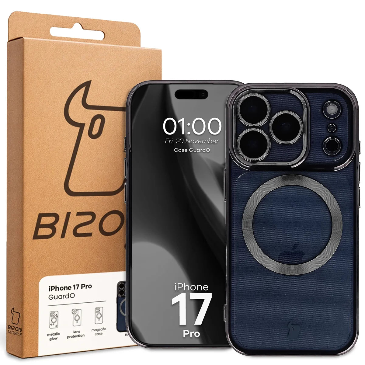 Handyhülle mit Kameraschutz und Magnetring für iPhone 17 Pro, Bizon Case GuardO, Transparent-Schwarz