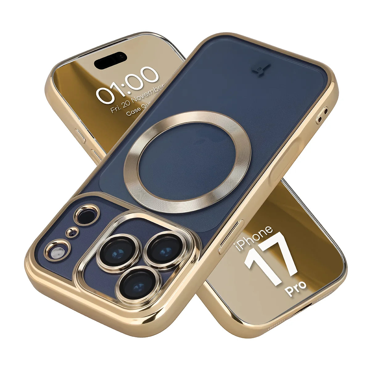 Handyhülle mit Kameraschutz und Magnetring für iPhone 17 Pro, Bizon Case GuardO, Transparent-Golden