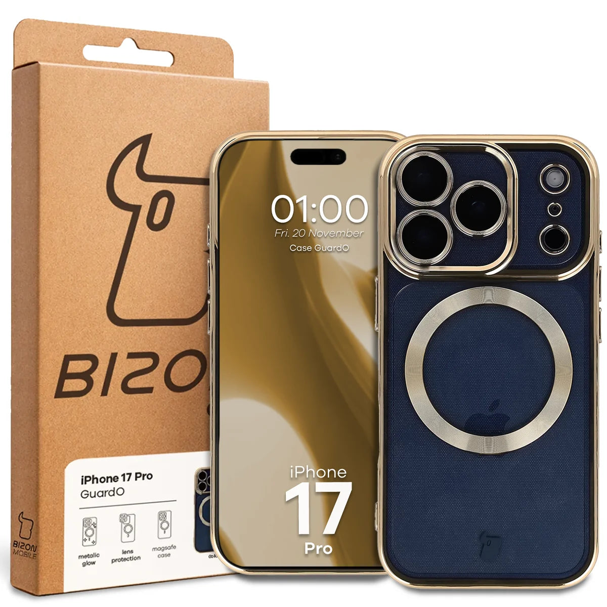 Handyhülle mit Kameraschutz und Magnetring für iPhone 17 Pro, Bizon Case GuardO, Transparent-Golden