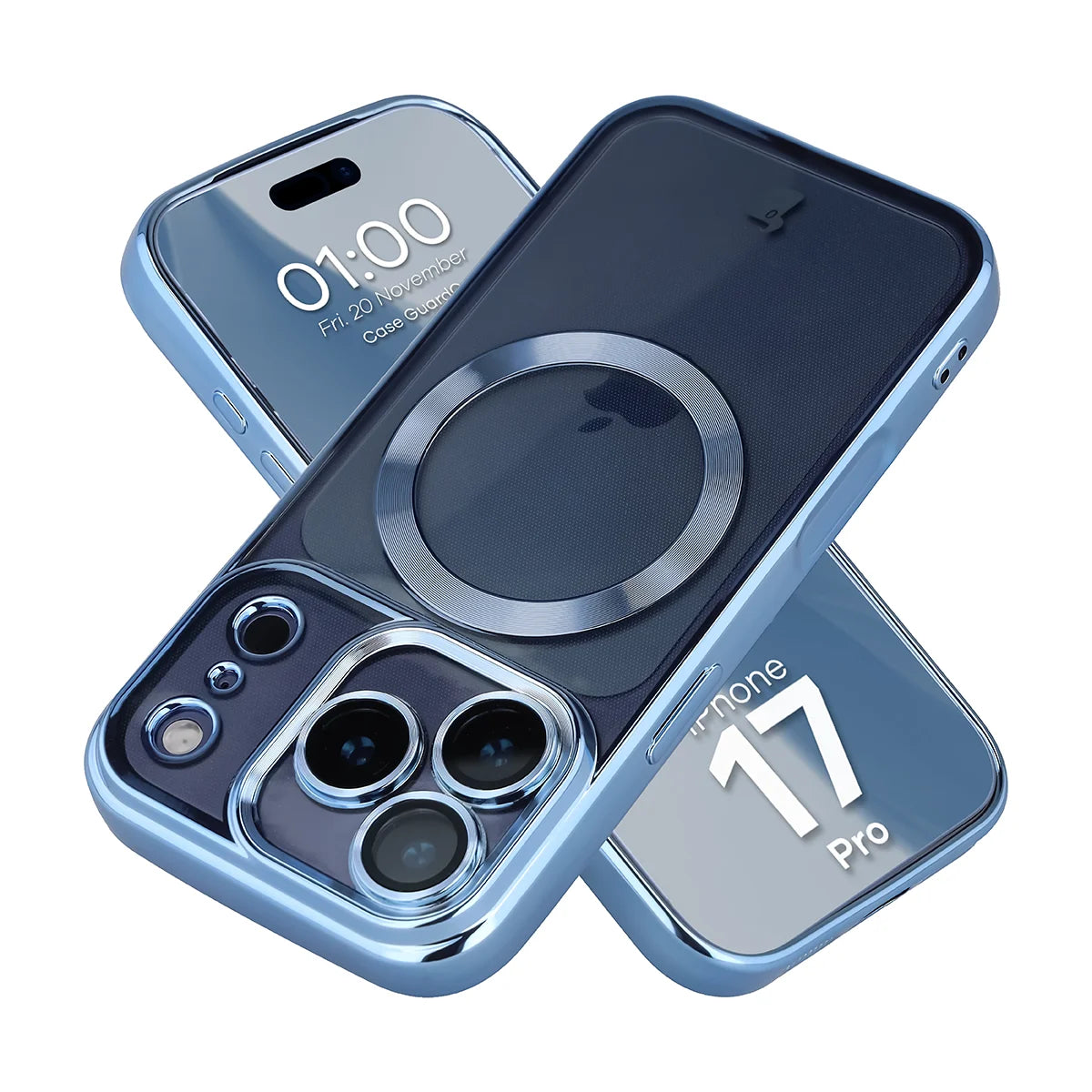 Handyhülle mit Kameraschutz und Magnetring für iPhone 17 Pro, Bizon Case GuardO, Transparent-Blau
