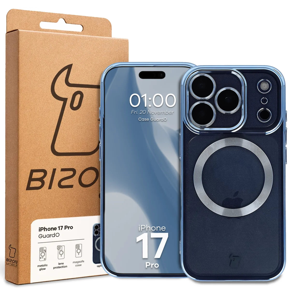 Handyhülle mit Kameraschutz und Magnetring für iPhone 17 Pro, Bizon Case GuardO, Transparent-Blau