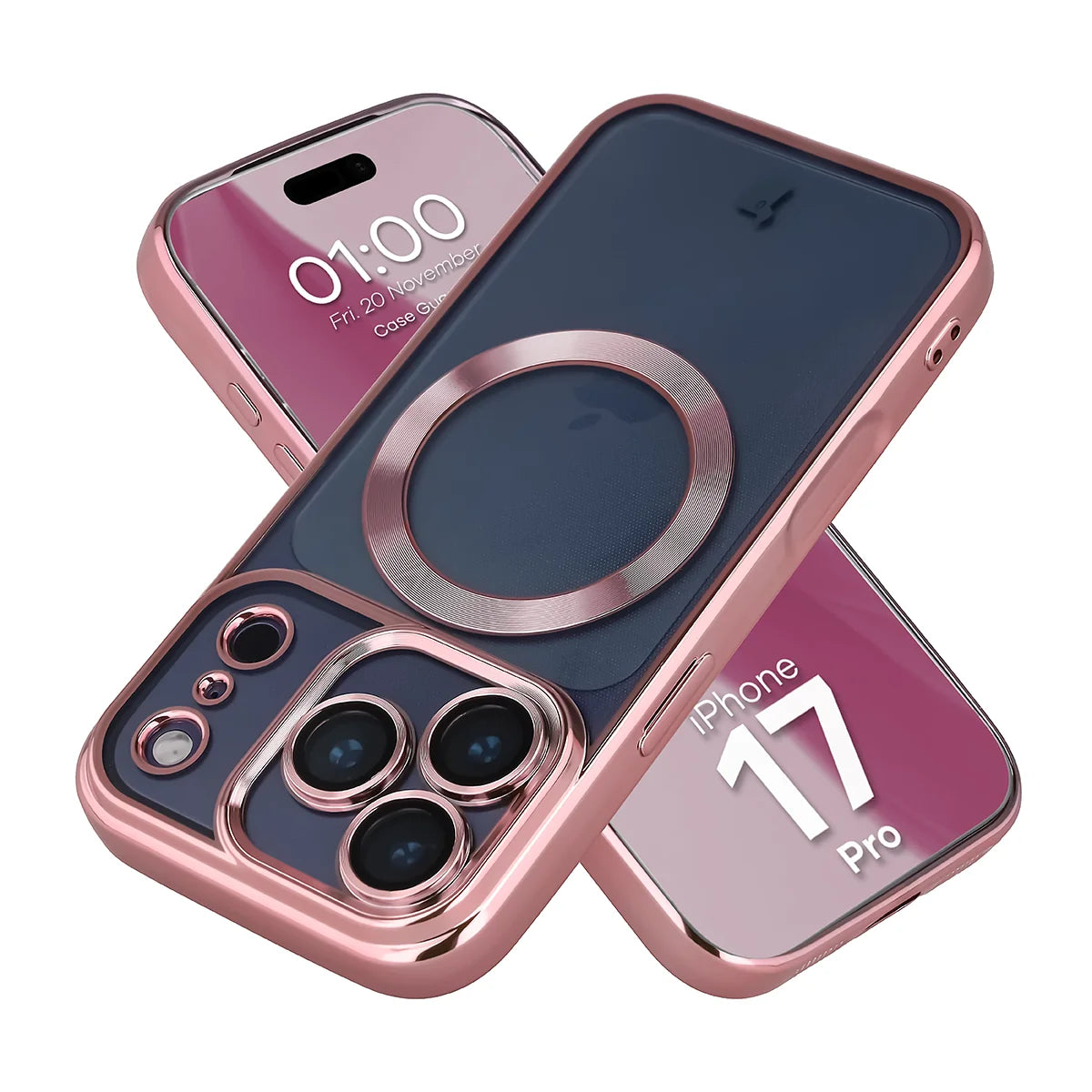 Handyhülle mit Kameraschutz und Magnetring für iPhone 17 Pro, Bizon Case GuardO, Transparent-Rosa