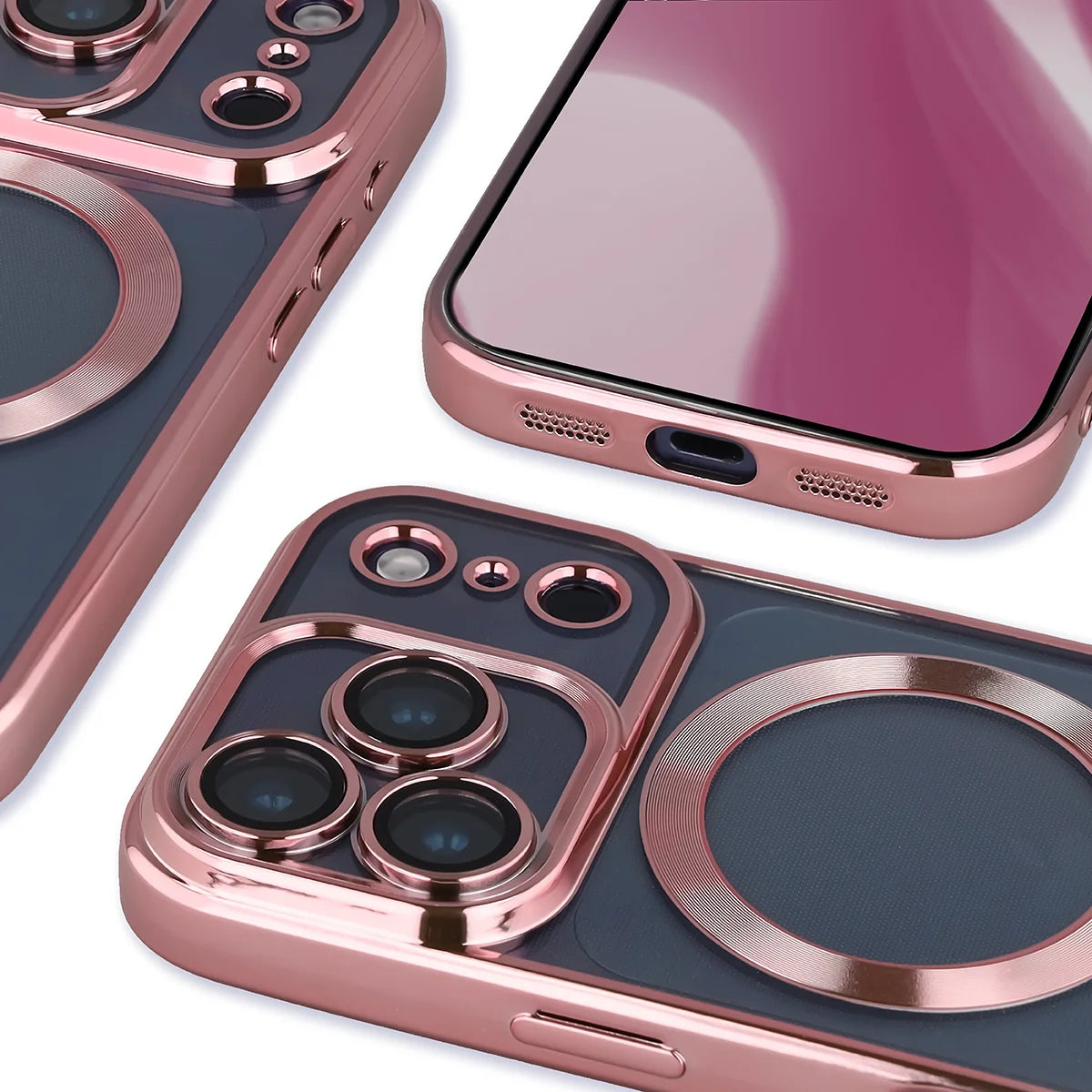 Handyhülle mit Kameraschutz und Magnetring für iPhone 17 Pro, Bizon Case GuardO, Transparent-Rosa