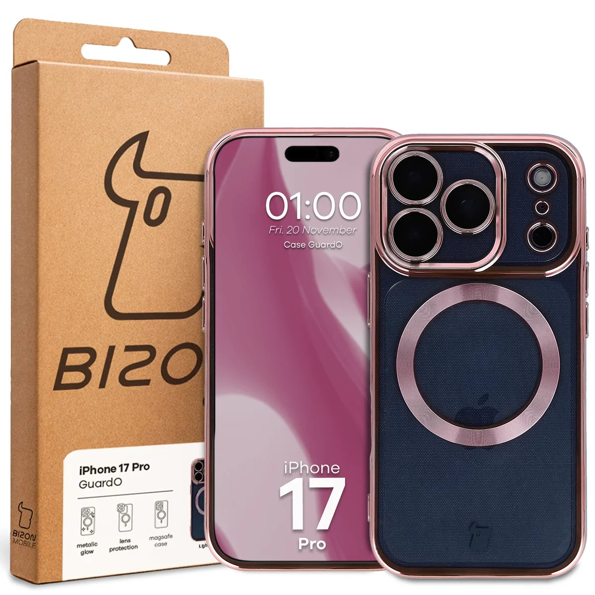 Handyhülle mit Kameraschutz und Magnetring für iPhone 17 Pro, Bizon Case GuardO, Transparent-Rosa