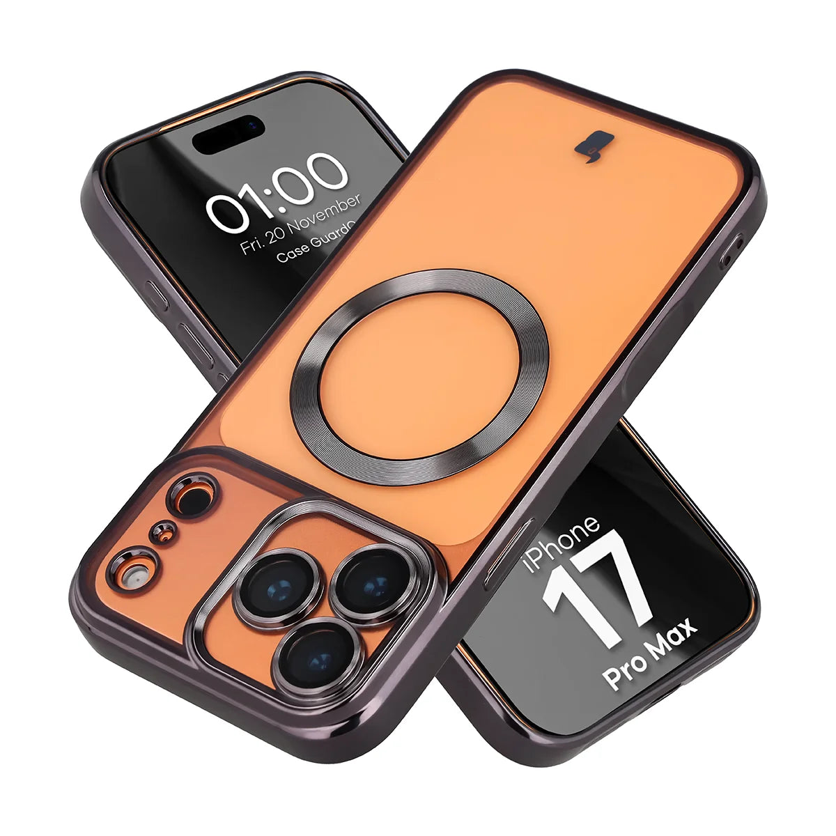 Handyhülle mit Kameraschutz und Magnetring für iPhone 17 Pro Max, Bizon Case GuardO, Transparent-Schwarz