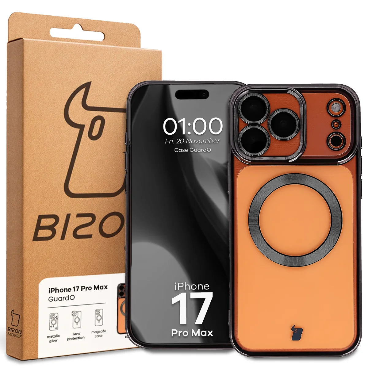 Handyhülle mit Kameraschutz und Magnetring für iPhone 17 Pro Max, Bizon Case GuardO, Transparent-Schwarz