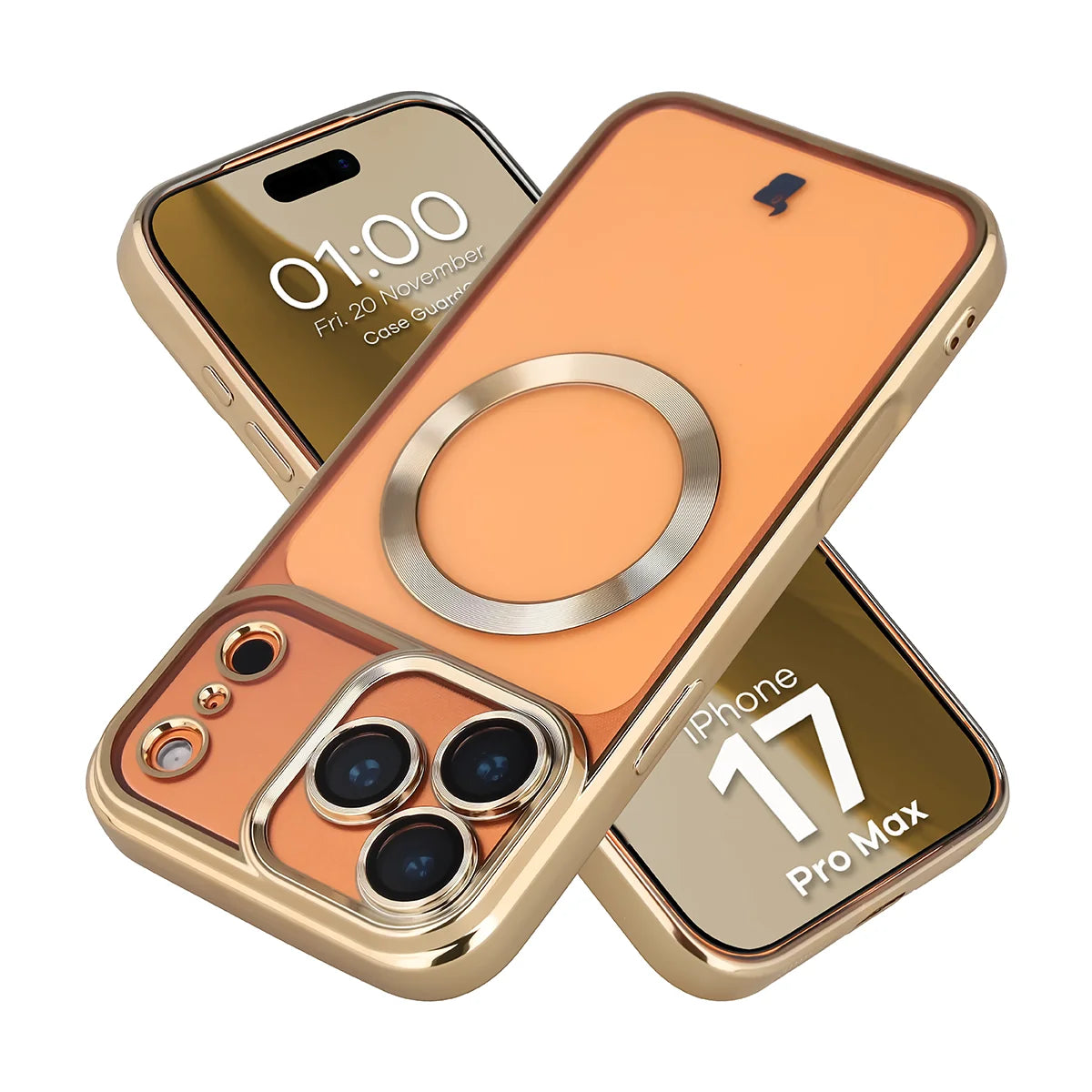 Handyhülle mit Kameraschutz und Magnetring für iPhone 17 Pro Max, Bizon Case GuardO, Transparent-Golden