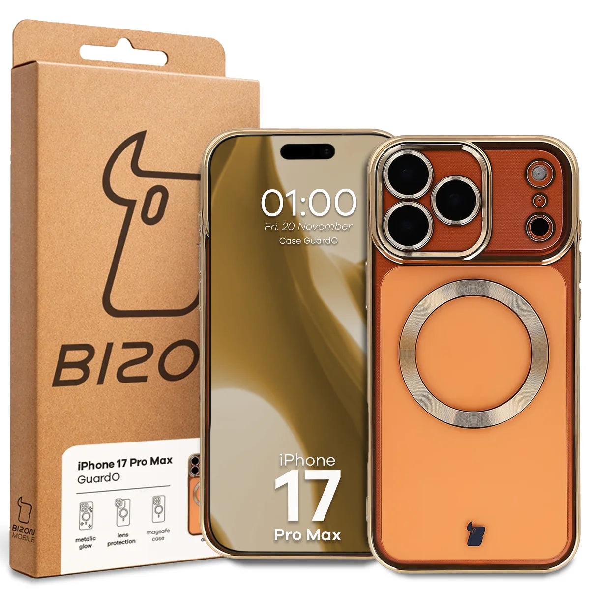 Handyhülle mit Kameraschutz und Magnetring für iPhone 17 Pro Max, Bizon Case GuardO, Transparent-Golden