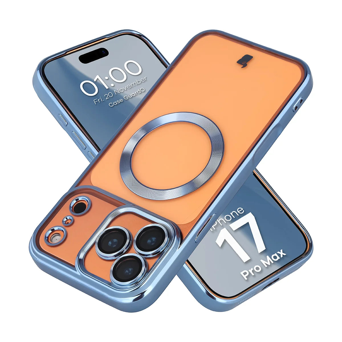 Handyhülle mit Kameraschutz und Magnetring für iPhone 17 Pro Max, Bizon Case GuardO, Transparent-Blau
