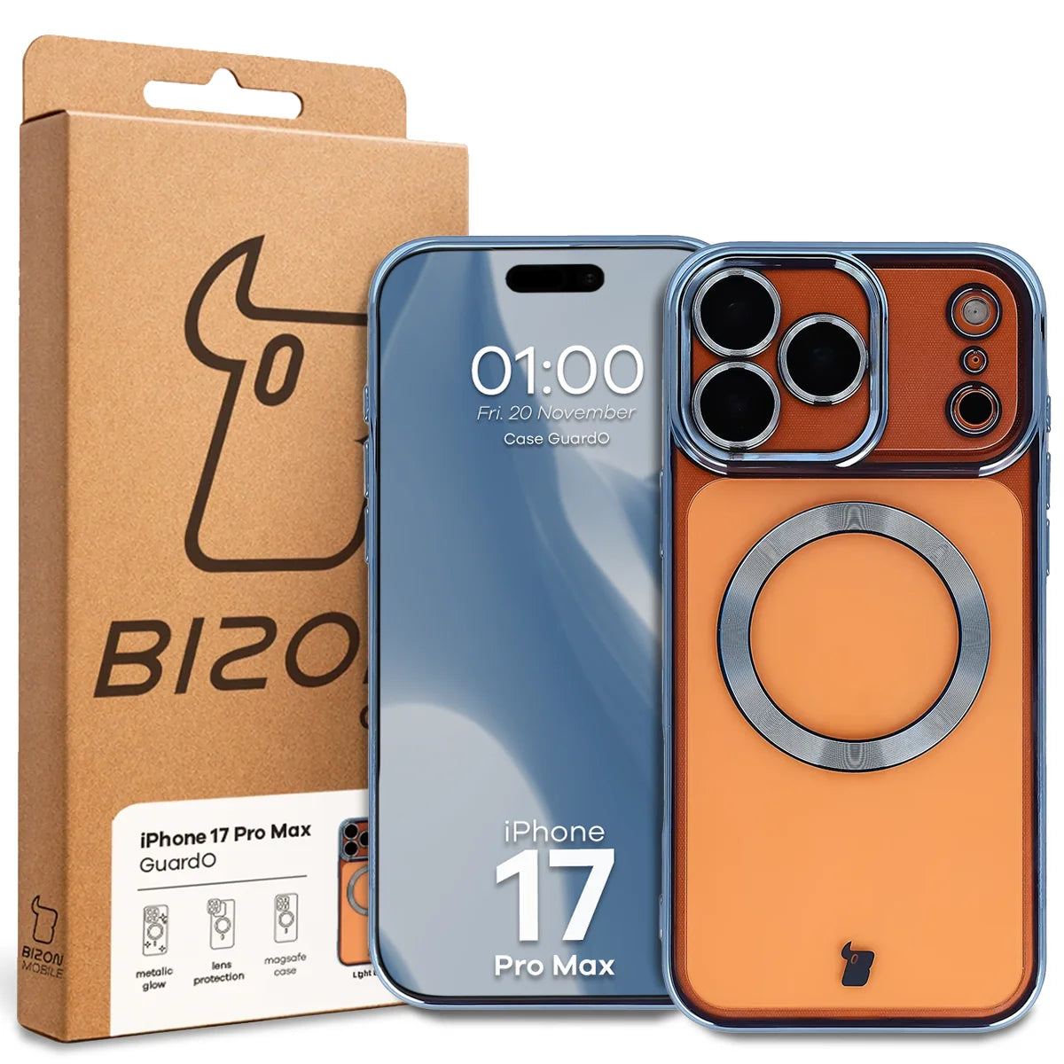 Handyhülle mit Kameraschutz und Magnetring für iPhone 17 Pro Max, Bizon Case GuardO, Transparent-Blau