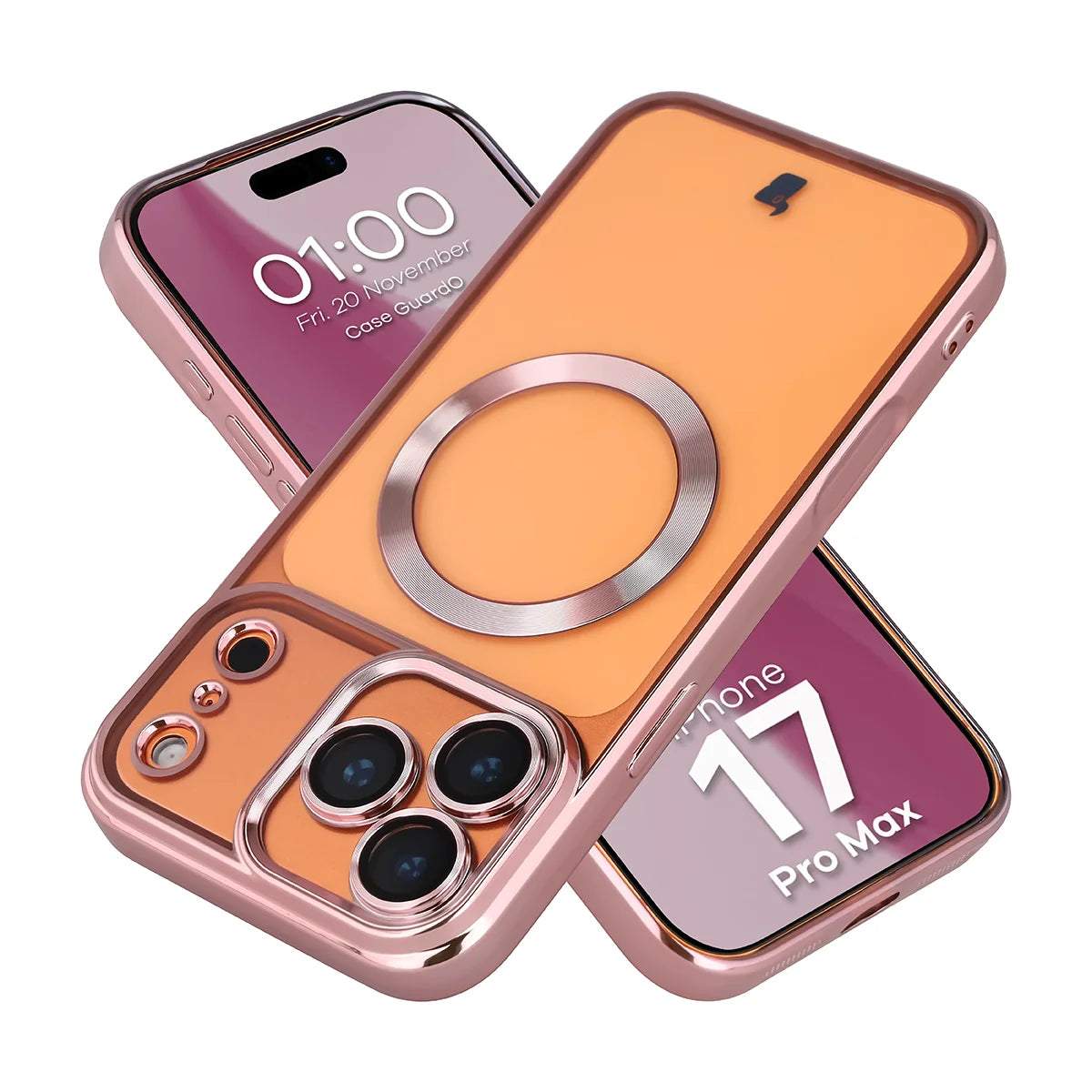 Handyhülle mit Kameraschutz und Magnetring für iPhone 17 Pro Max, Bizon Case GuardO, Transparent-Rosa