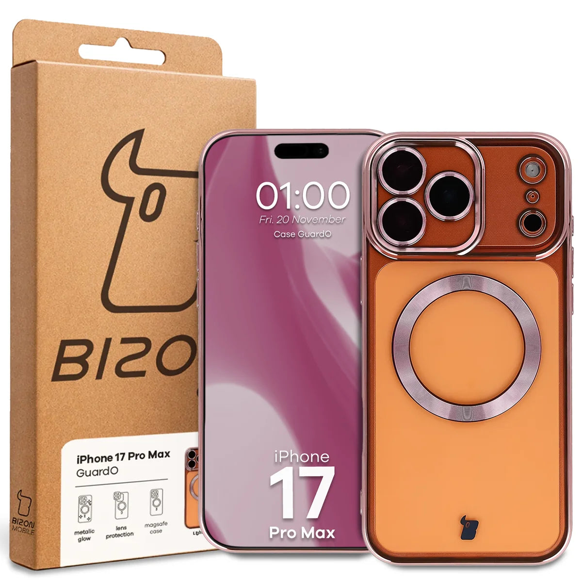 Handyhülle mit Kameraschutz und Magnetring für iPhone 17 Pro Max, Bizon Case GuardO, Transparent-Rosa