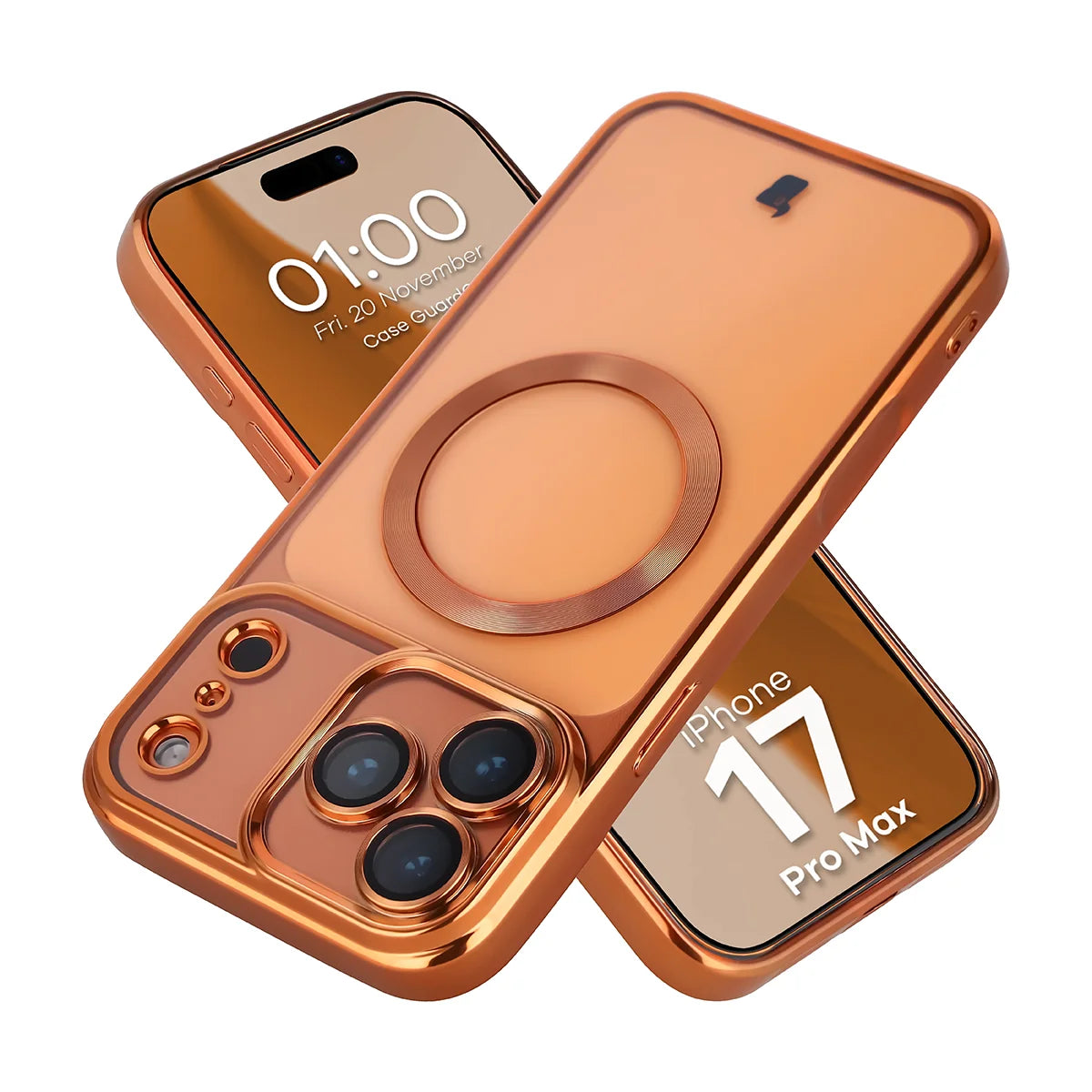 Handyhülle mit Kameraschutz und Magnetring für iPhone 17 Pro Max, Bizon Case GuardO, Transparent-Orange