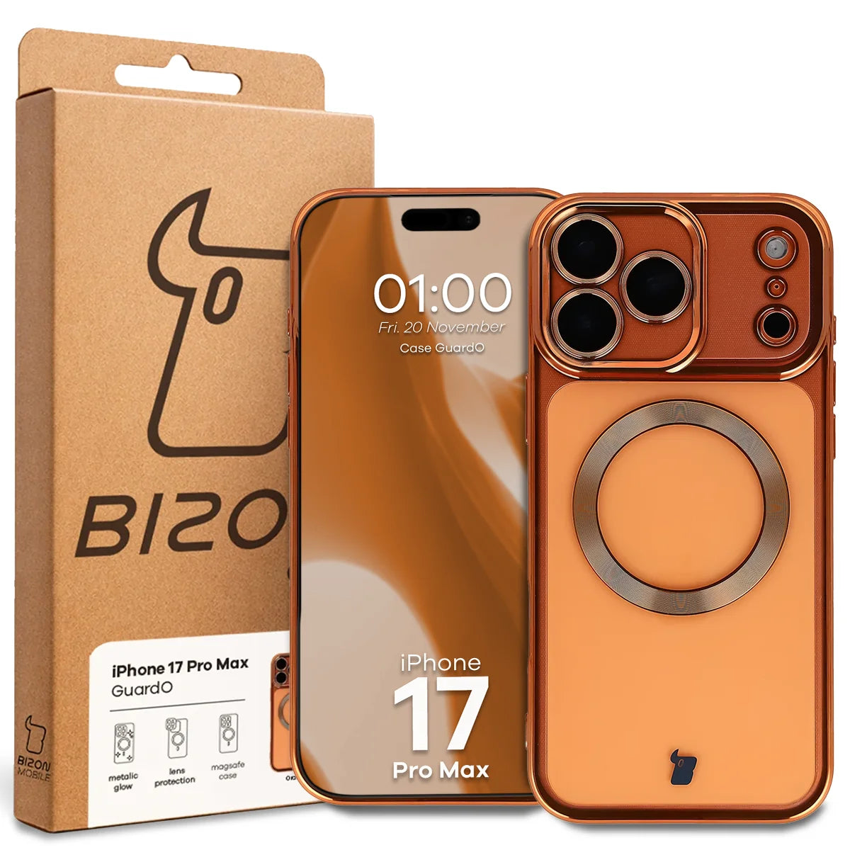 Handyhülle mit Kameraschutz und Magnetring für iPhone 17 Pro Max, Bizon Case GuardO, Transparent-Orange