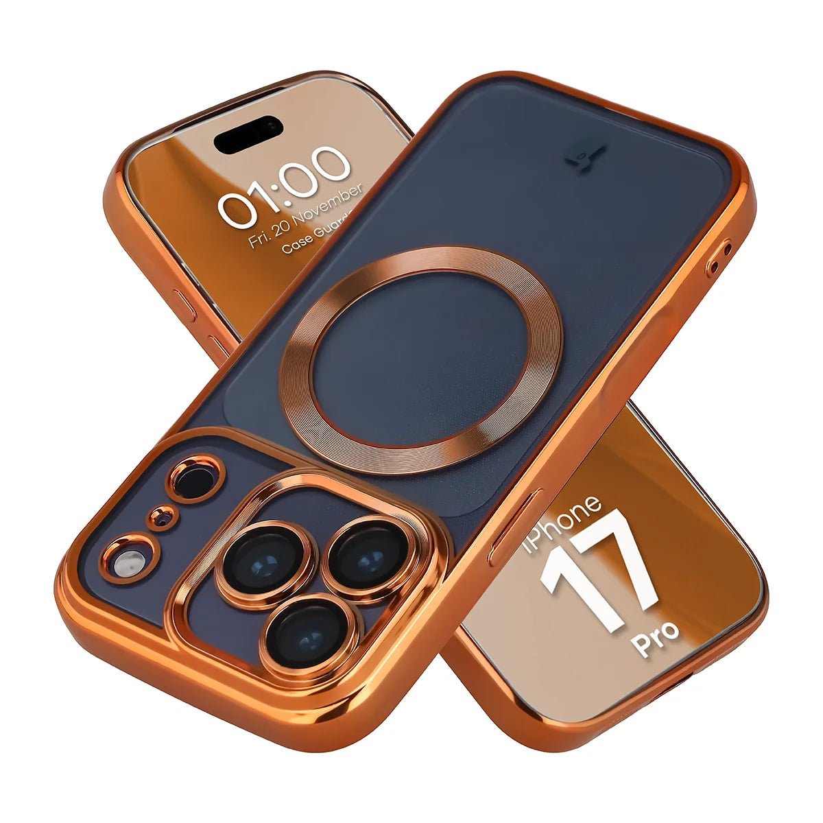 Handyhülle mit Kameraschutz und Magnetring für iPhone 17 Pro, Bizon Case GuardO, Transparent-Orange