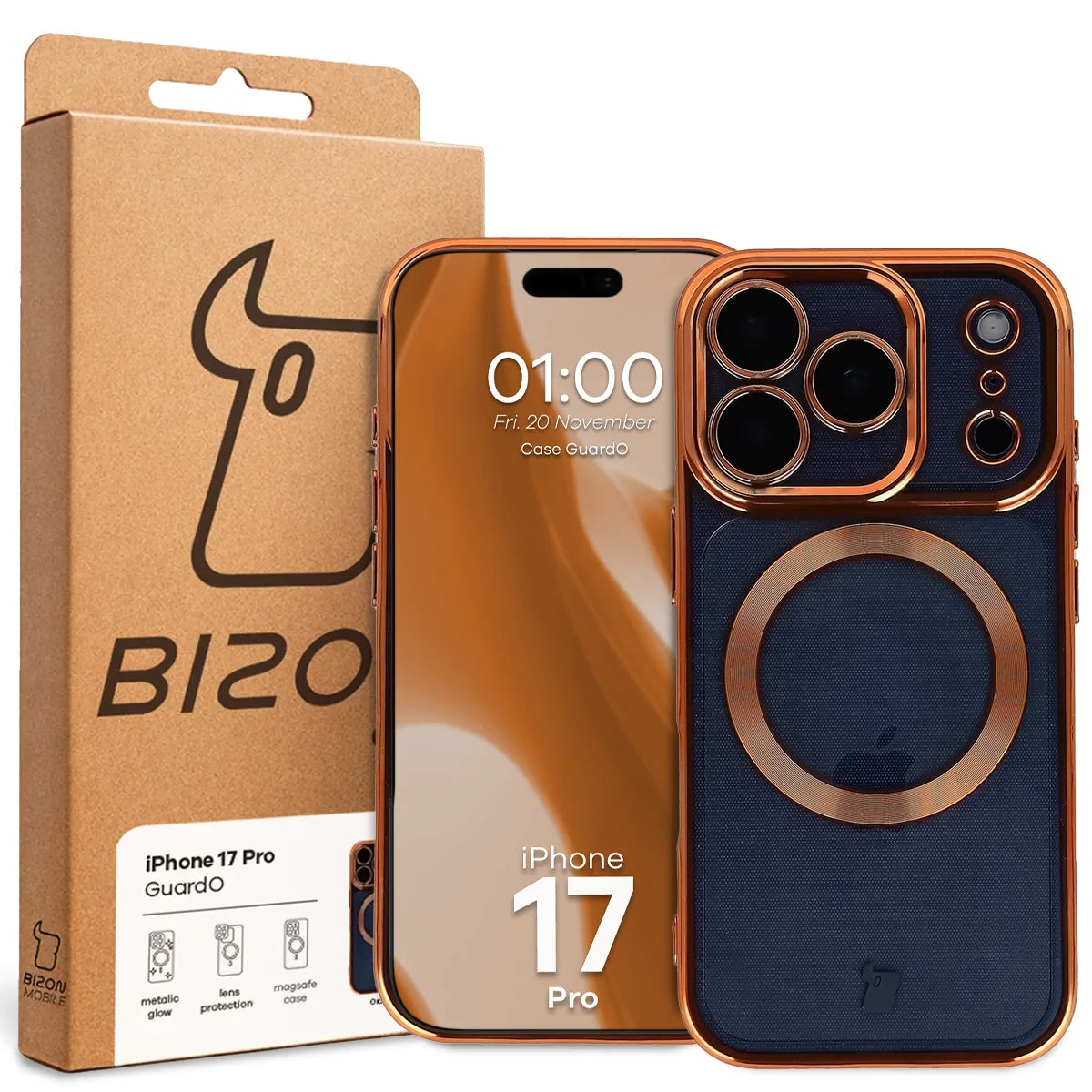 Handyhülle mit Kameraschutz und Magnetring für iPhone 17 Pro, Bizon Case GuardO, Transparent-Orange