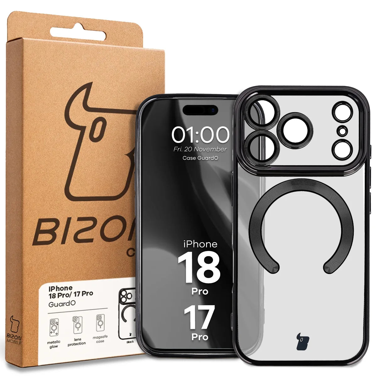 Handyhülle mit Kameraschutz und Magnetring für iPhone 18 Pro / 17 Pro, Bizon Case GuardO, Transparent-Schwarz (5/5)