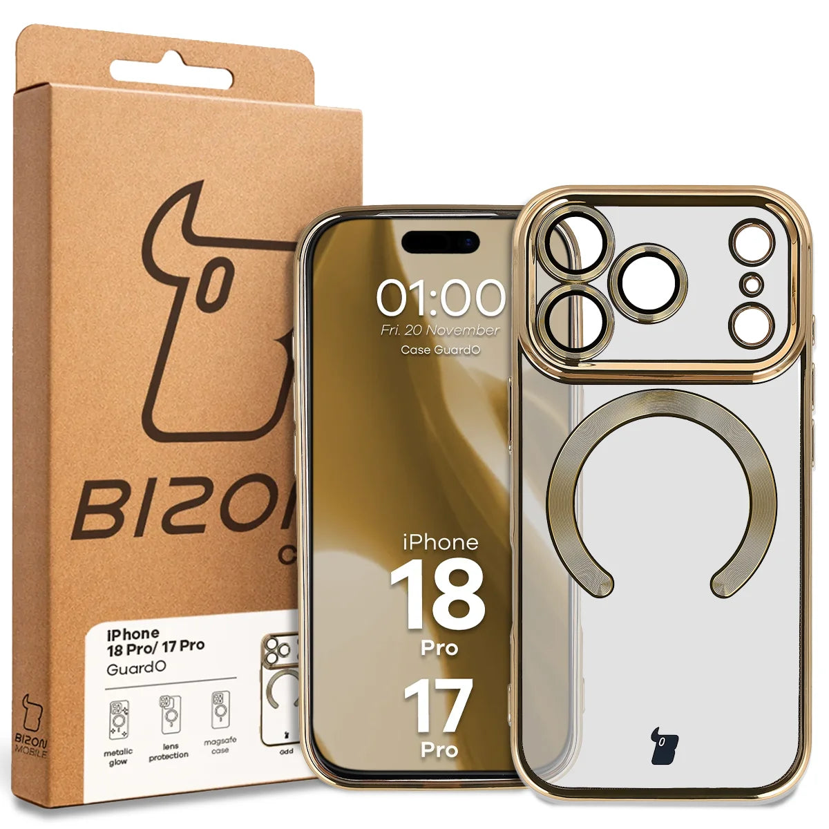 Handyhülle mit Kameraschutz und Magnetring für iPhone 18 Pro / 17 Pro, Bizon Case GuardO, Transparent-Golden (5/5)