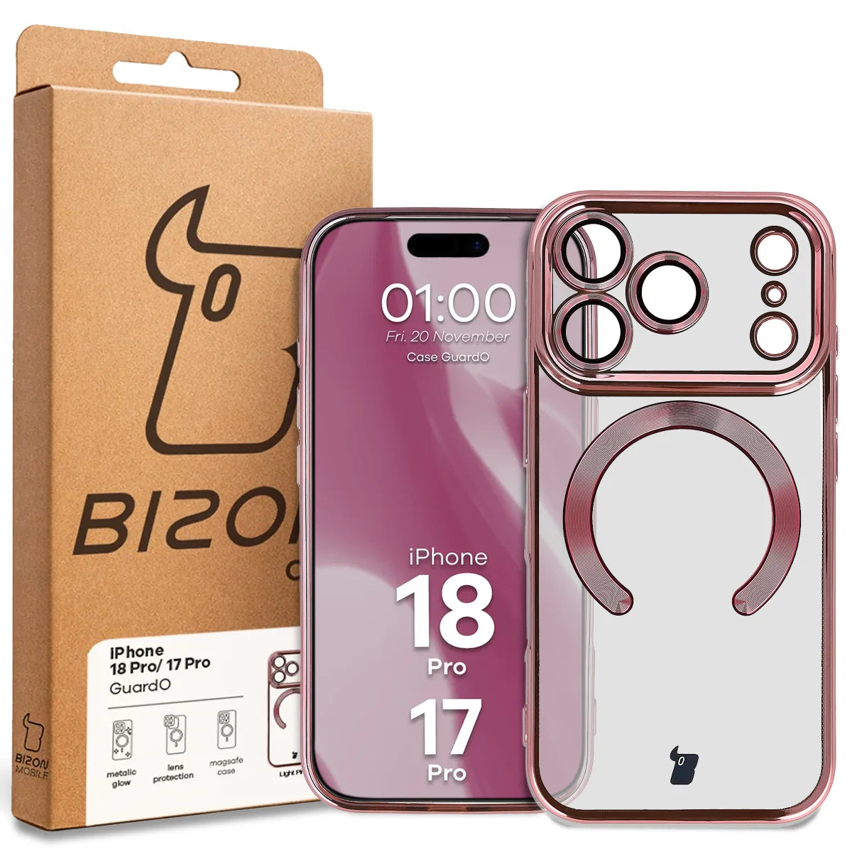 Handyhülle mit Kameraschutz und Magnetring für iPhone 18 Pro / 17 Pro, Bizon Case GuardO, Transparent-Rosa (5/5)