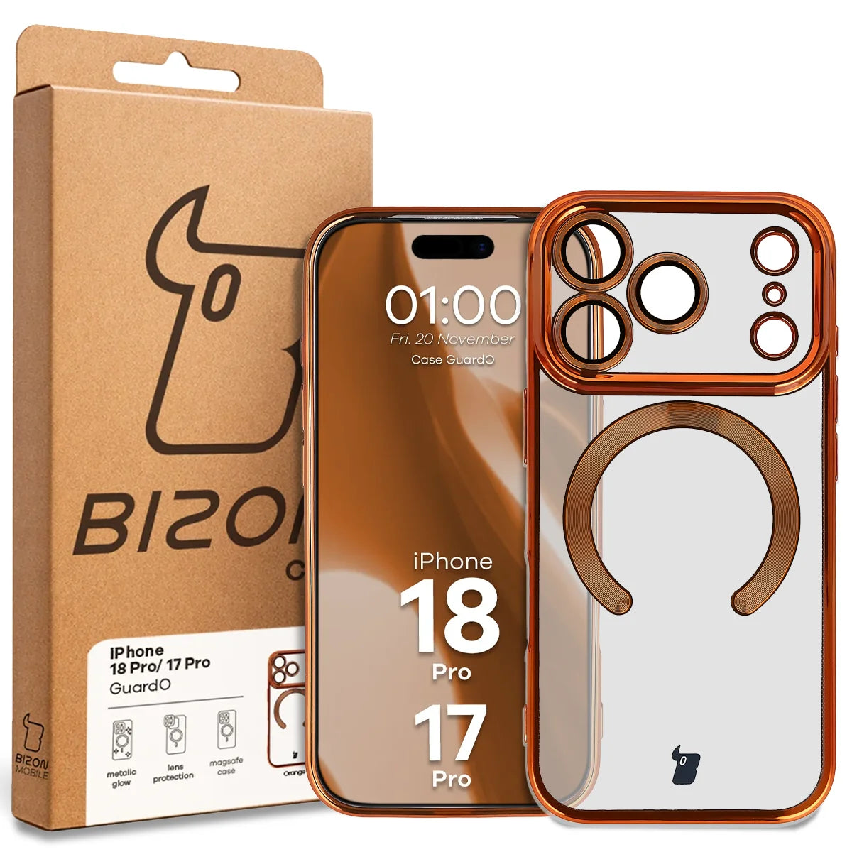 Handyhülle mit Kameraschutz und Magnetring für iPhone 18 Pro / 17 Pro, Bizon Case GuardO, Transparent-Orange (5/5)